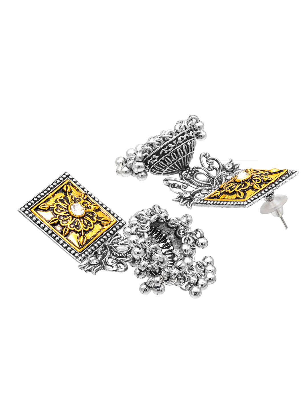 Shining Jewel Antique Two-Tone Gold & Silver Plated CZ, Medium Sized Pearls Drops Jhumka Earring For Women ( SJE_248)