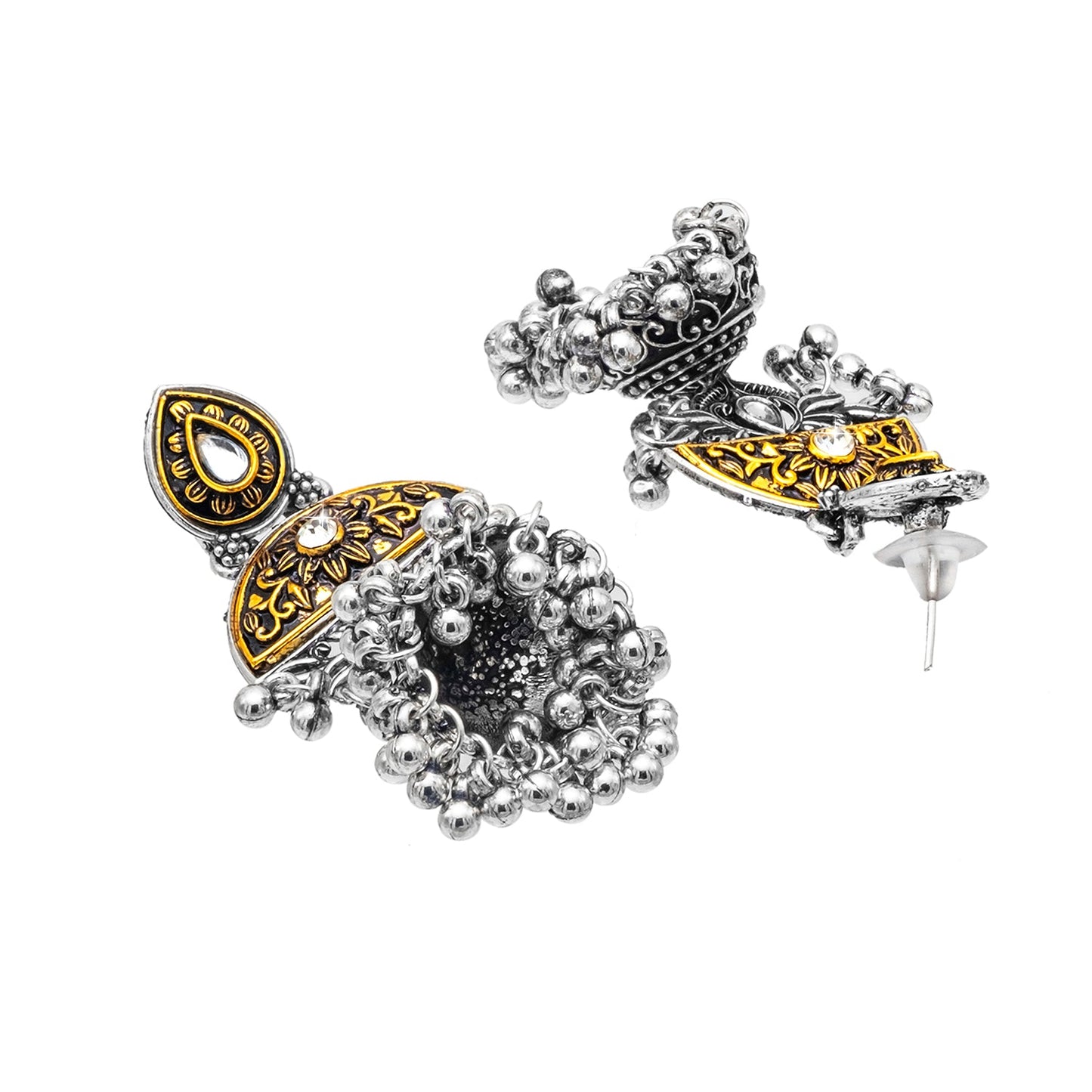 Shining Jewel Antique Two-Tone Gold & Silver Plated CZ, Medium Sized Pearls Drops Jhumka Earring For Women ( SJE_250)