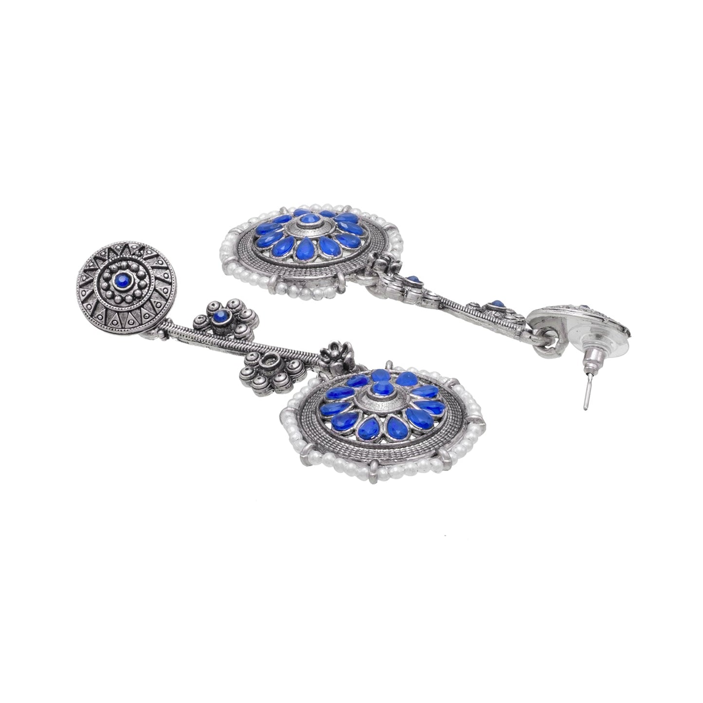 Shining Jewel Traditional Indian Matte Antique Silver Plated Oxidised CZ, Kundan, Pearl & Flower Studded Drop Long Earring For Women (SJE_254_S_BL)
