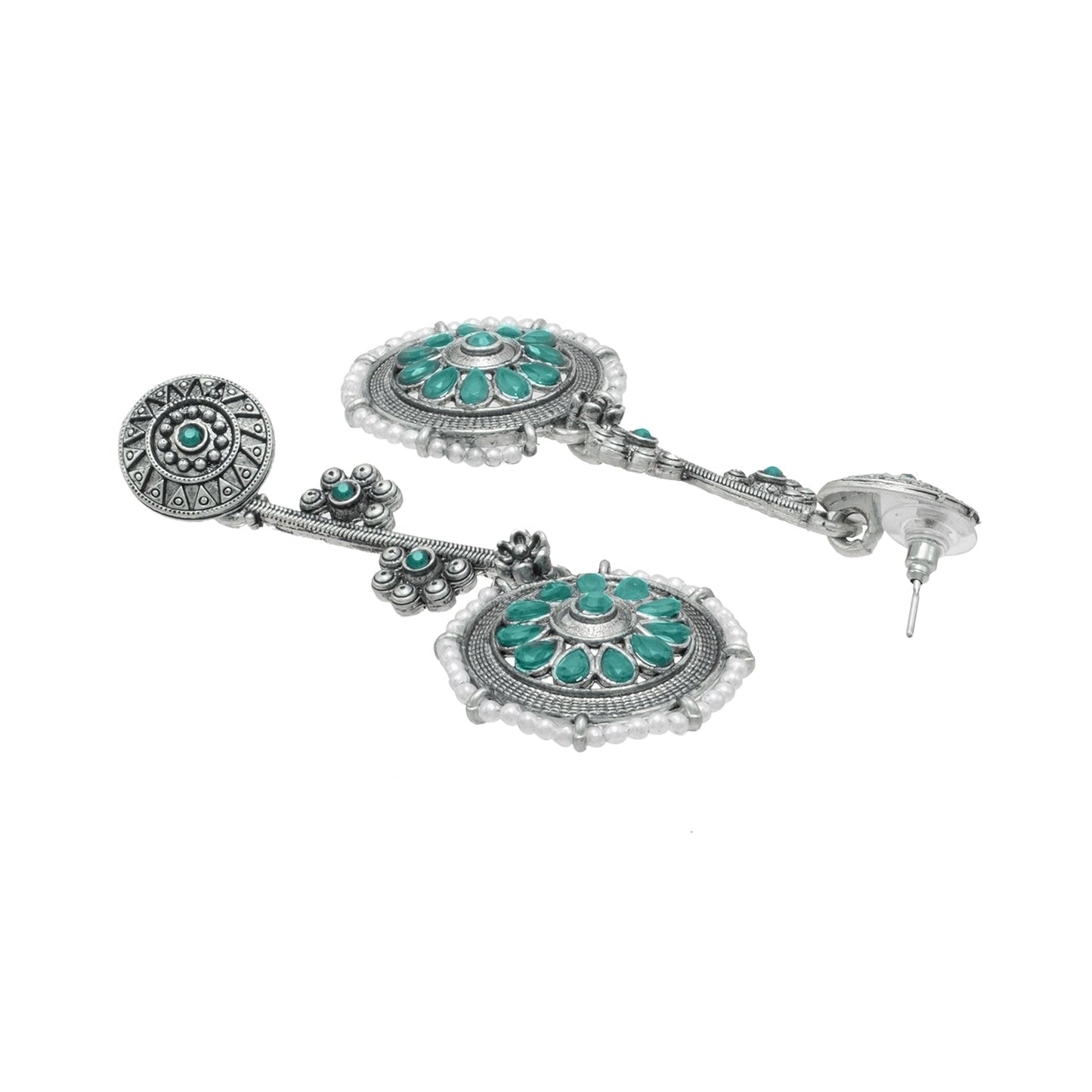 Shining Jewel Traditional Indian Matte Antique Silver Plated Oxidised CZ, Kundan, Pearl & Flower Studded Drop Long Earring For Women (SJE_254_S_G)