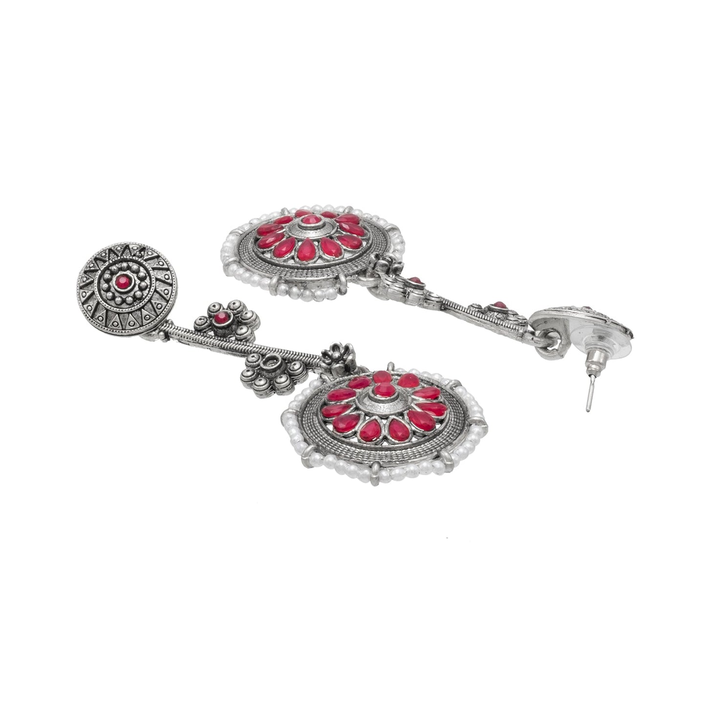 Shining Jewel Traditional Indian Matte Antique Silver Plated Oxidised CZ, Kundan, Pearl & Flower Studded Drop Long Earring For Women (SJE_254_S_M)