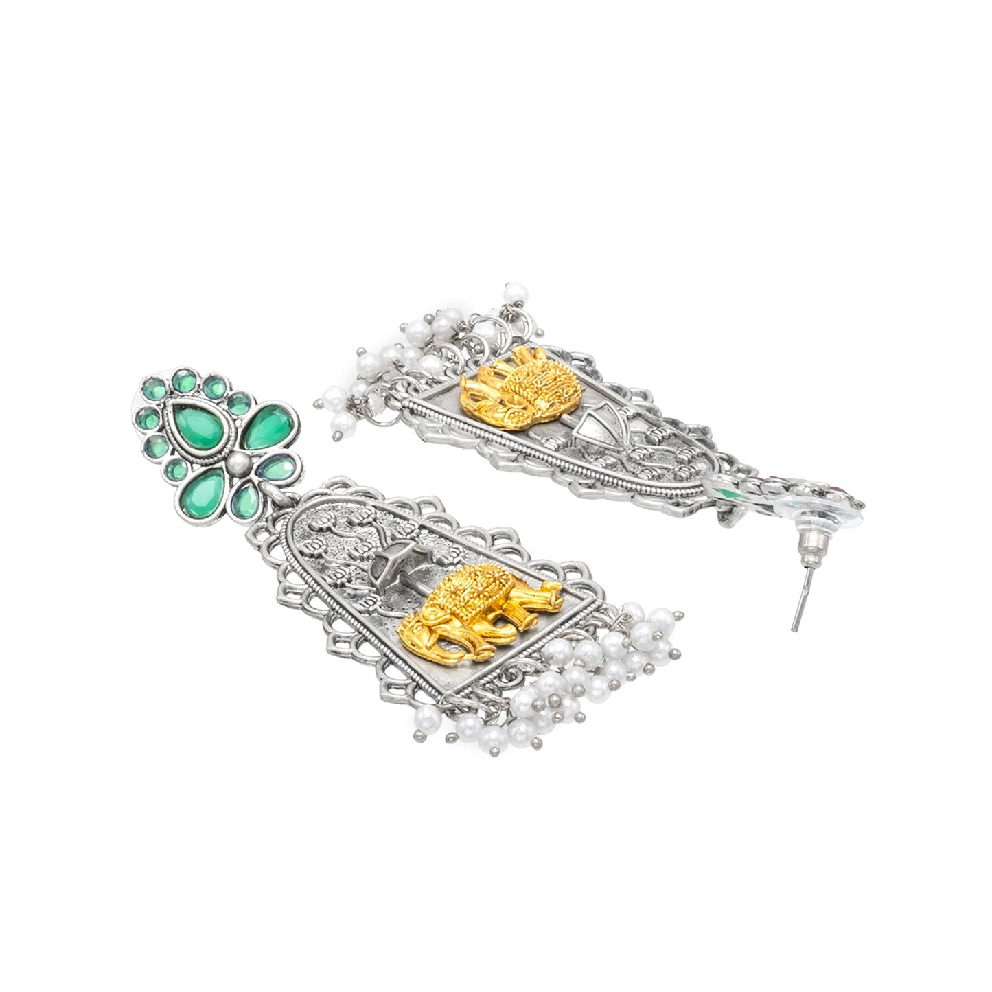 Shining Jewel Traditional Indian Matte Dual Two Tone Plated Oxidized CZ, Pearl & Elephant Design Drop Long Earring For Women (SJE_256_G)