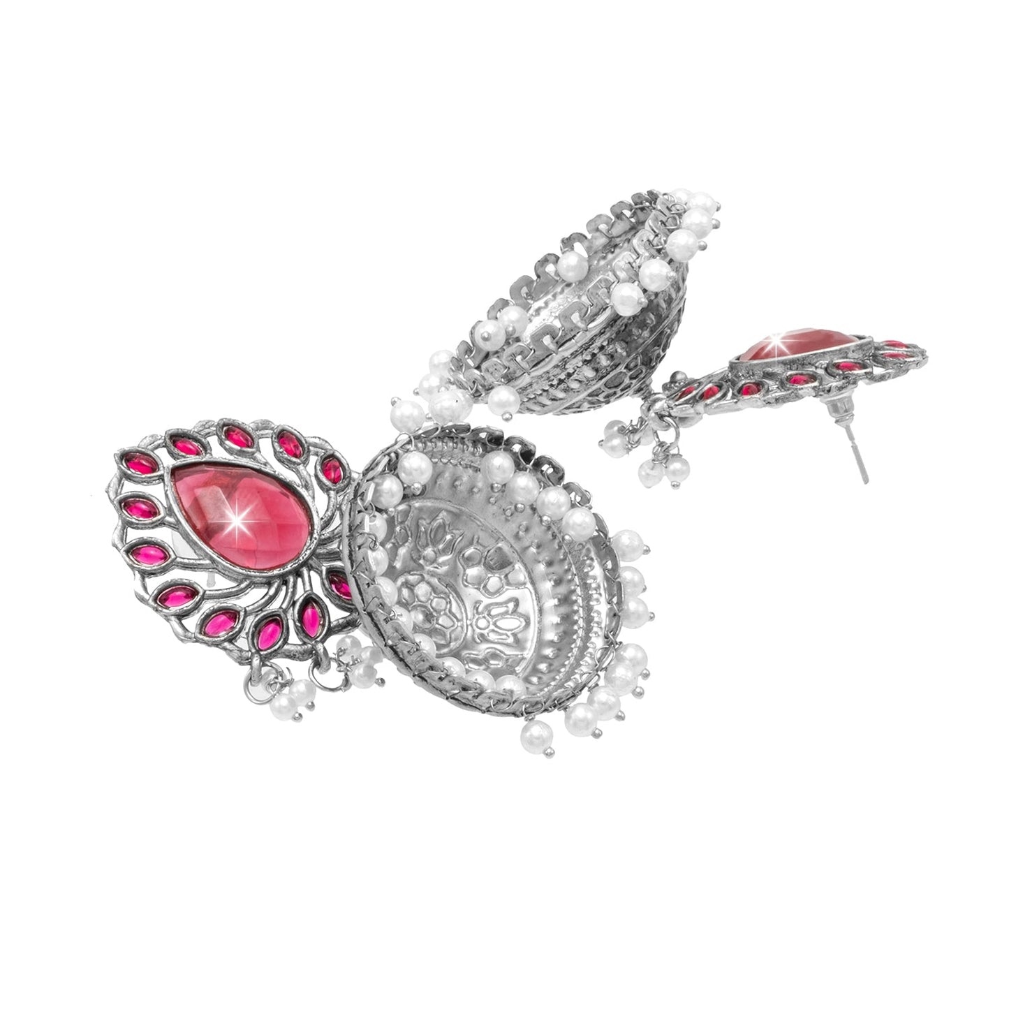 Traditional Indian Matte Antique Silver Plating Oxidized CZ , Pearl & Stylish Big Sized Light Weight Earrings for Women (SJE_258_S_M)