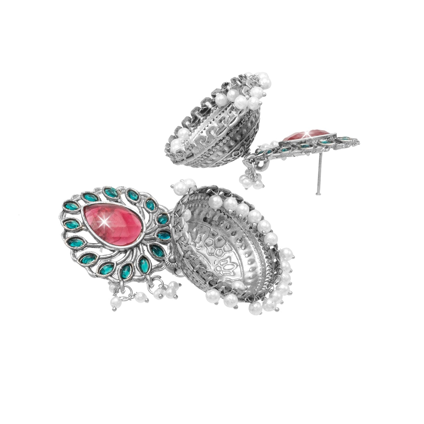 Traditional Indian Matte Antique Silver Plating Oxidized CZ , Pearl & Stylish Big Sized Light Weight Earrings for Women (SJE_258_S_RG)