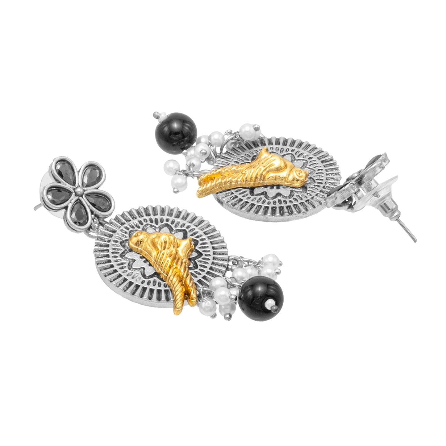 Antique Dual Two Tone Plated Traditional Floral Bird Design with Pearls Drop Medium Earrings for Women (SJE_259_S_BK)