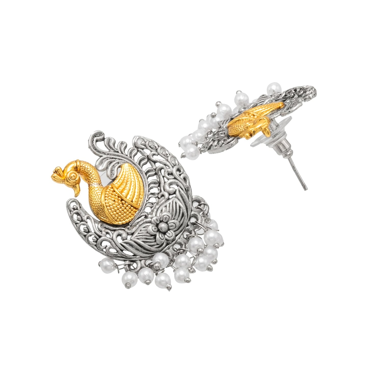 Antique Dual Two Tone Plated Traditional Floral Bird Design with Pearls Drop Medium Earrings for Women (SJE_260)