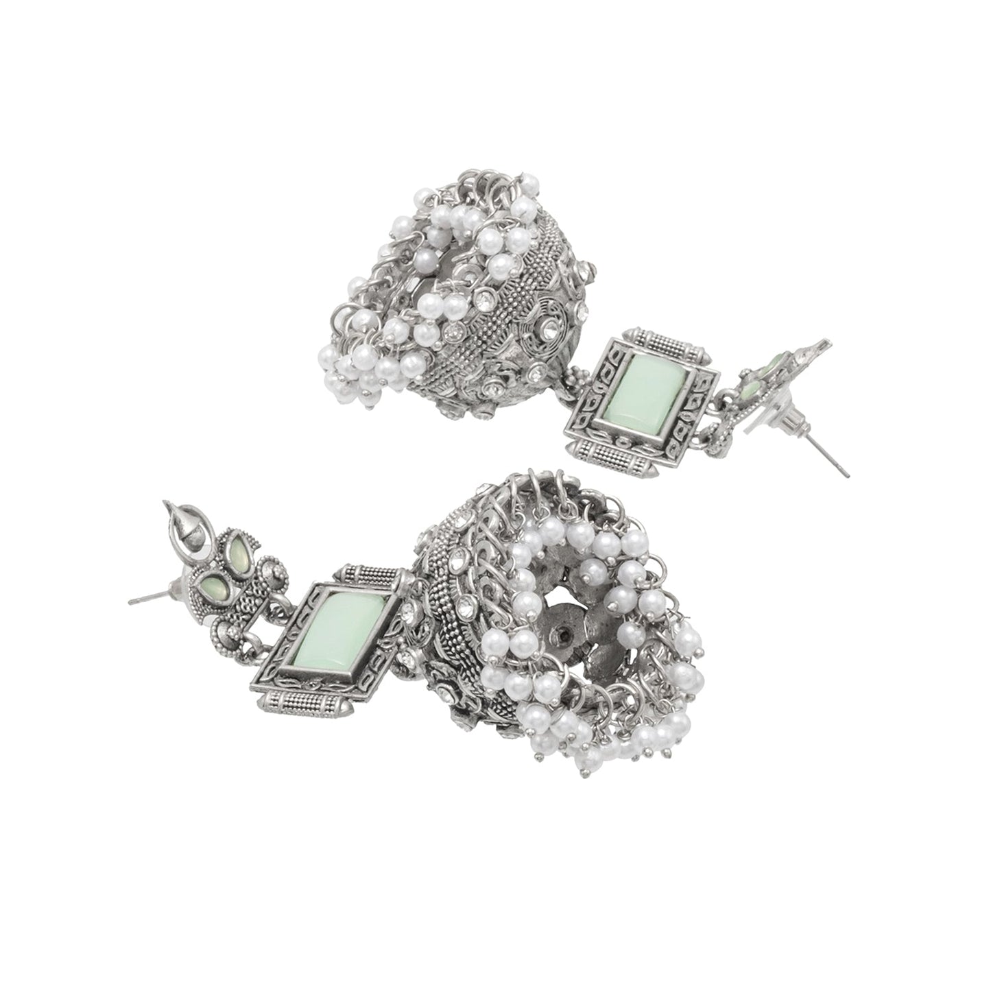 Traditional Indian Antique Dual Tone Antique Silver Oxidized CZ , Pearl ,Crystal & Stylish Long Jhumka Earrings for Women (SJE_263_S_LG)