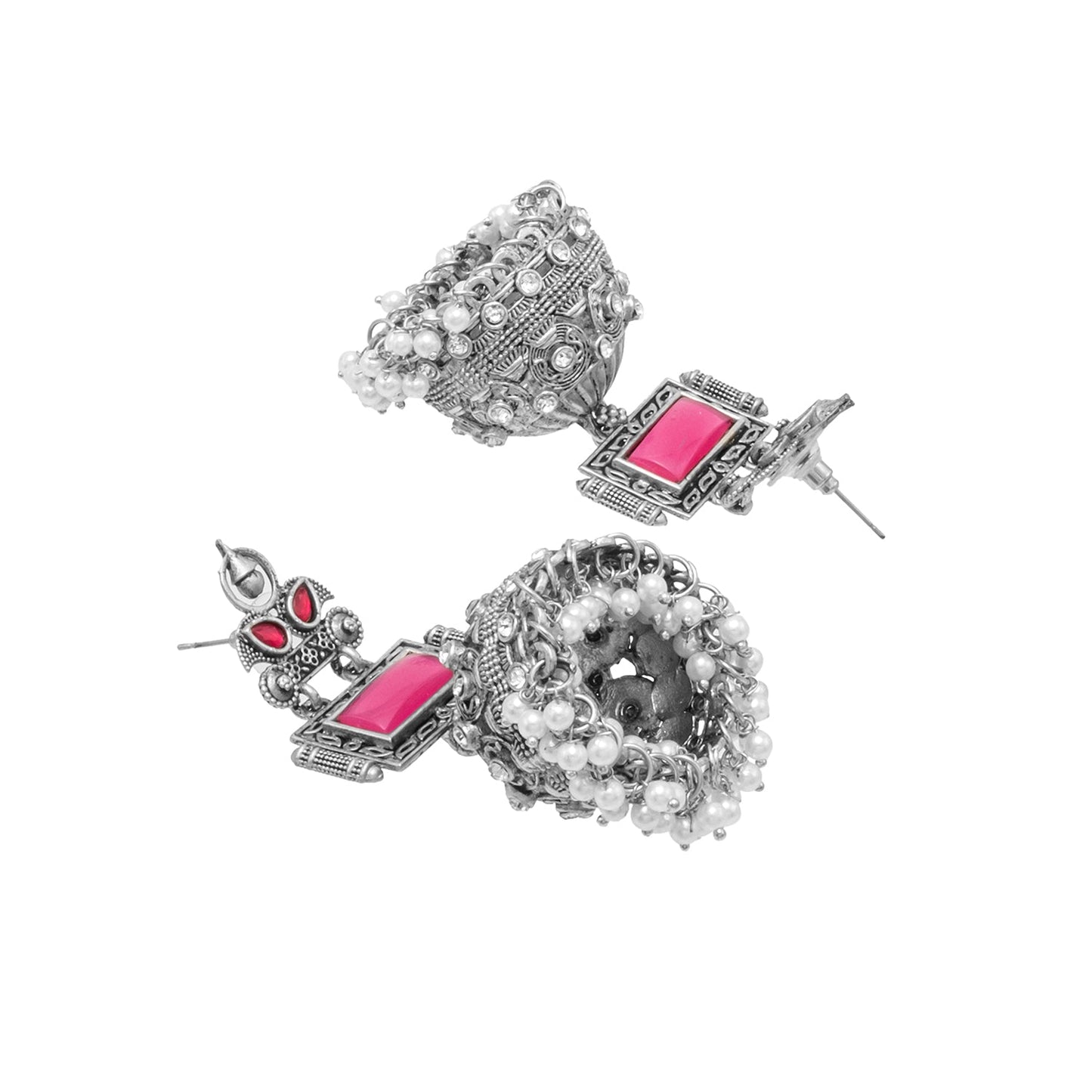 Traditional Indian Antique Dual Tone Antique Silver Oxidized CZ , Pearl ,Crystal & Stylish Long Jhumka Earrings for Women (SJE_263_S_M)