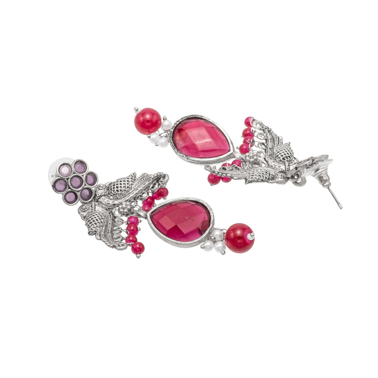 Traditional Indian Antique Oxidised Silver CZ Pearl Studded Bird & Flower Design Medium Earrings for women (SJE_265_S_M)