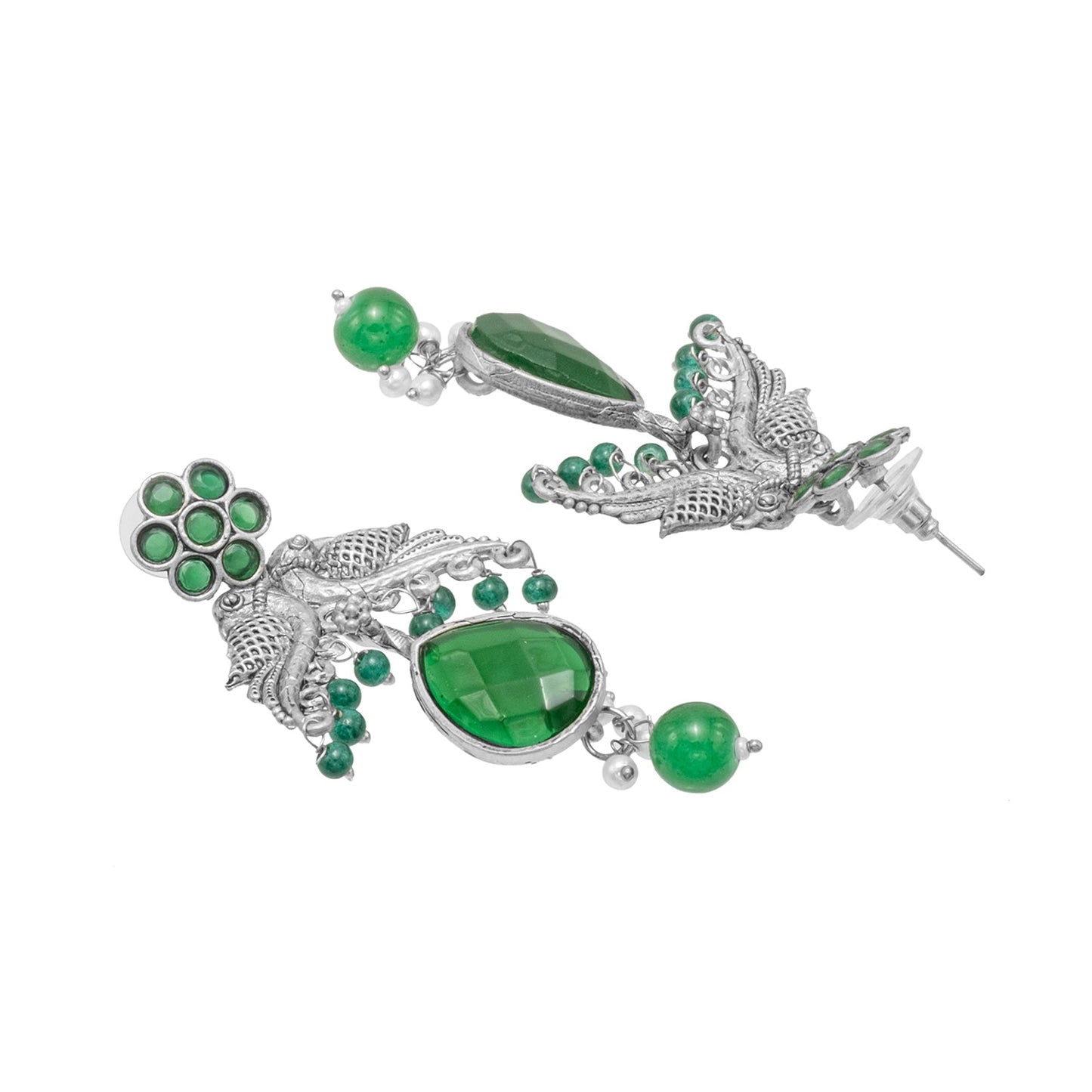 Traditional Indian Antique Oxidised Silver CZ Pearl Studded Bird & Flower Design Medium Earrings for women (SJE_265_S_G)