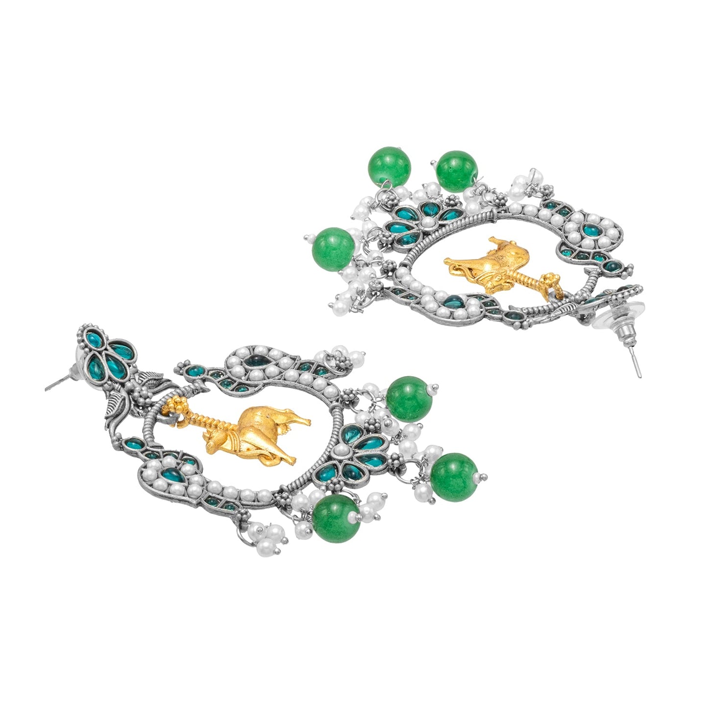 Traditional Indian Matte Dual Two Tone Plated CZ, Pearl Studded Nandi Cow & Peacock Chandbali Design Medium Drop Earring For Women (SJE_266_S_G)