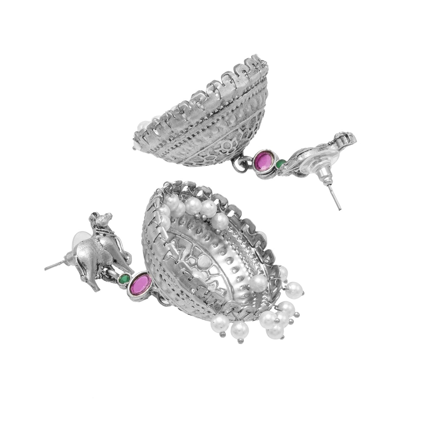 Oxidized Antique Silver Plated CZ, Pearl Studded Cow Design Light Weight Medium Jhumki Earring For Women (SJE_267_S)