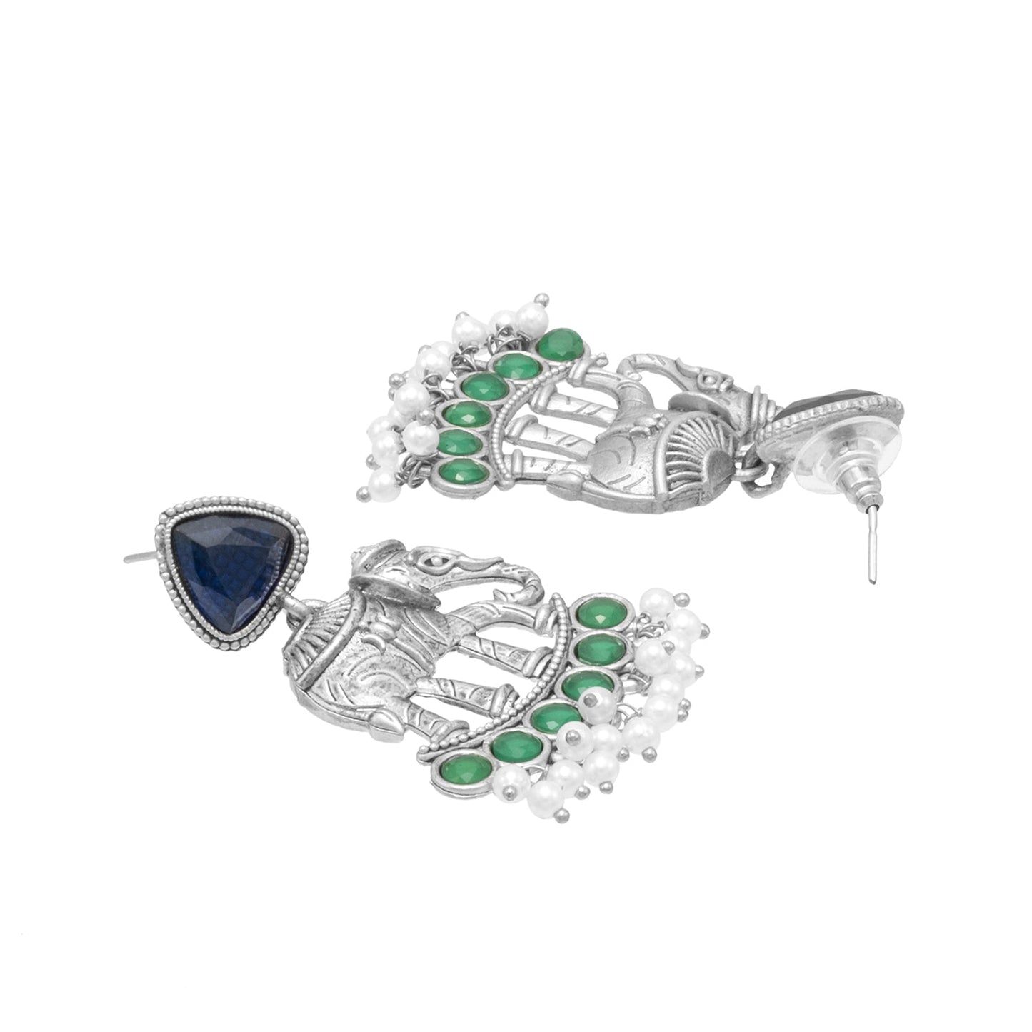 Traditional Indian Oxidised Oxidized Antique Silver Plated CZ, Pearl with Elephant Design Drop Medium Earring For Women (SJE_269_S_BL)