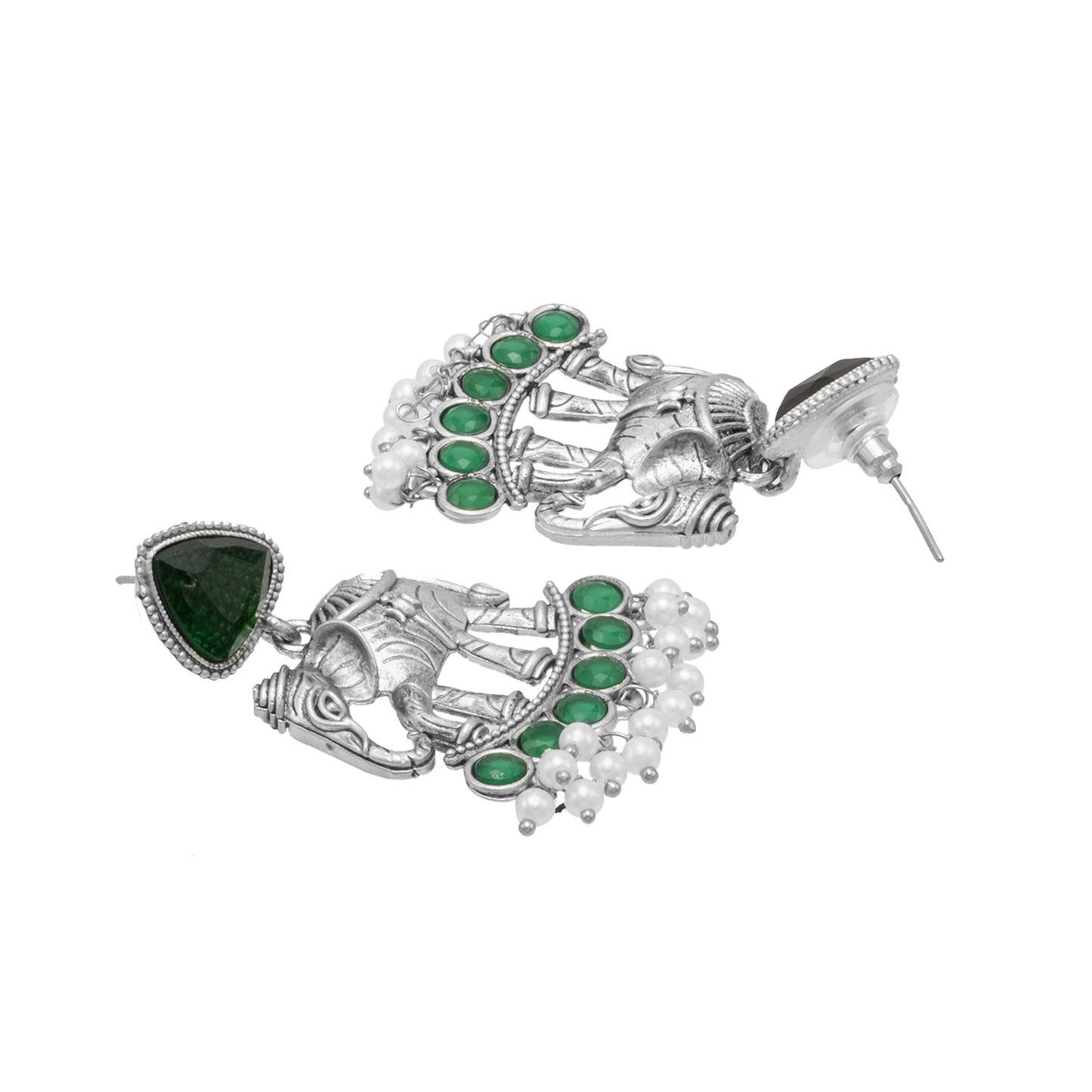 Traditional Indian Oxidised Oxidized Antique Silver Plated CZ, Pearl with Elephant Design Drop Medium Earring For Women (SJE_269_S_G)