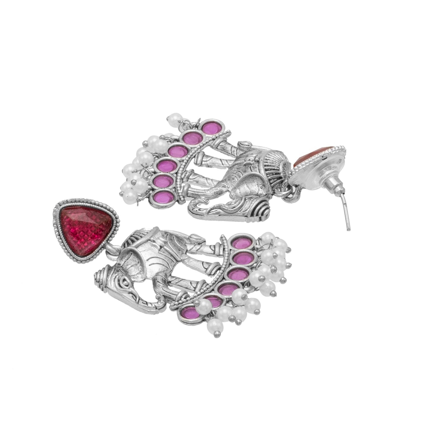 Traditional Indian Oxidised Oxidized Antique Silver Plated CZ, Pearl with Elephant Design Drop Medium Earring For Women (SJE_269_S_M)