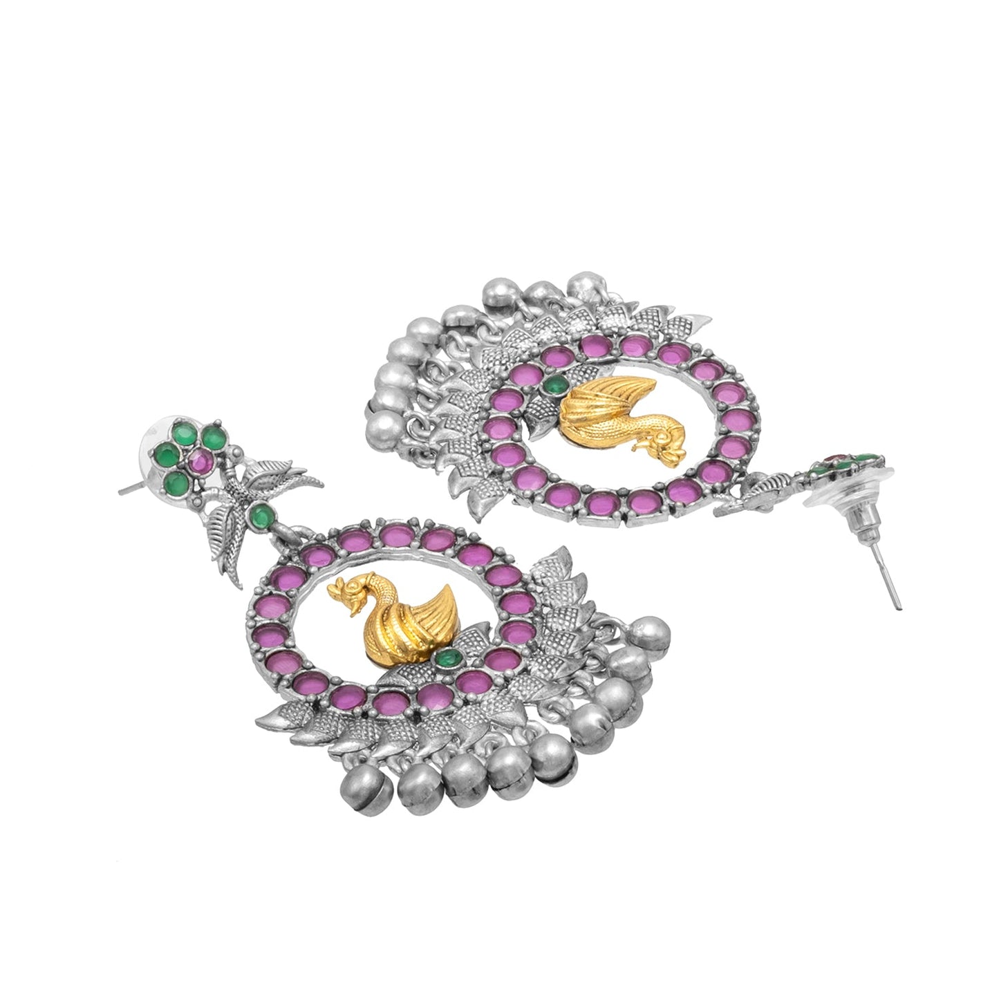 Traditional Indian Matte Dual Two Tone Plated CZ, Pearl Studded Bird Design Medium Drop Earring For Women (SJE_270_S_RG)