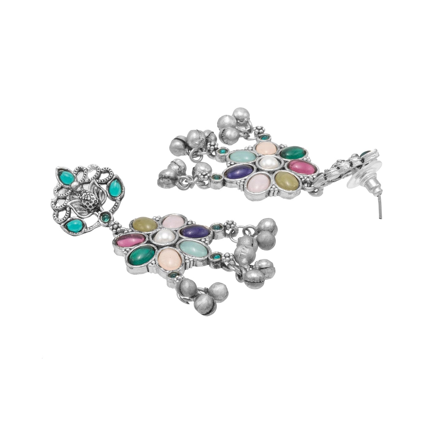 Traditional Indian Antique Oxidized Antique Silver CZ, Crystal, AD Studded Drop Pearl Medium Earrings for women (SJE_273)