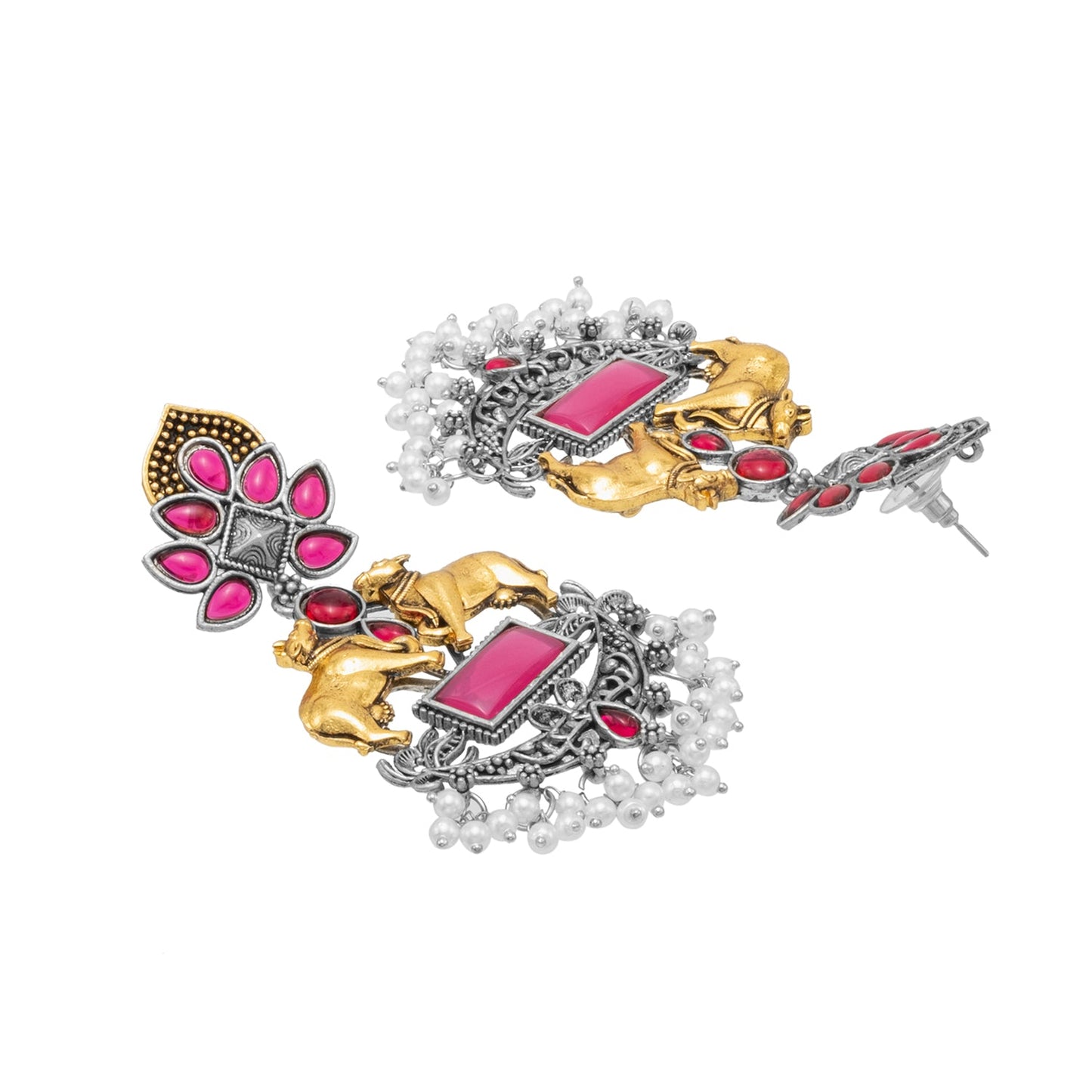 Traditional Indian Dual Two Tone Plated CZ, Pearl Studded Nandi Cow Chandbali Design Long Drop Earring For Women (SJE_274_M)