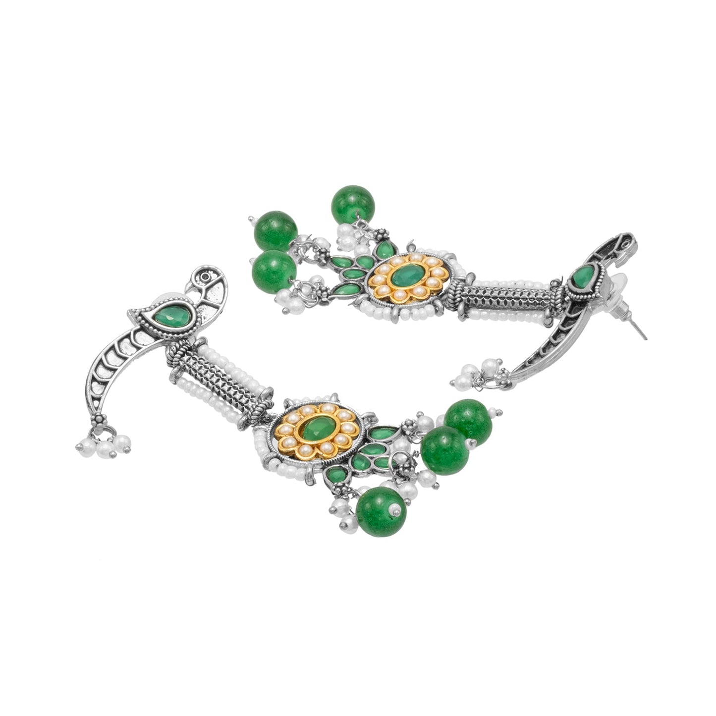 Antique Silver Plated Oxidised Oxidized CZ, Pearl Studded Bird Design Long Drop Earring for Women (SJE_275_S_G)