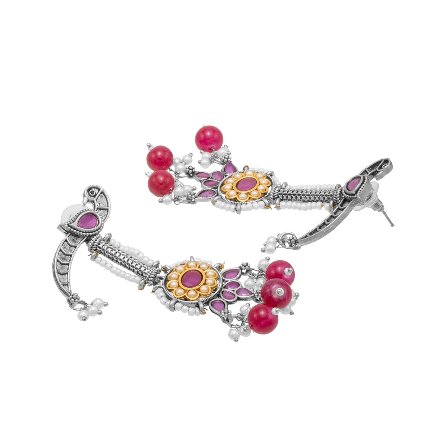Antique Silver Plated Oxidised Oxidized CZ, Pearl Studded Bird Design Long Drop Earring for Women (SJE_275_S_M)