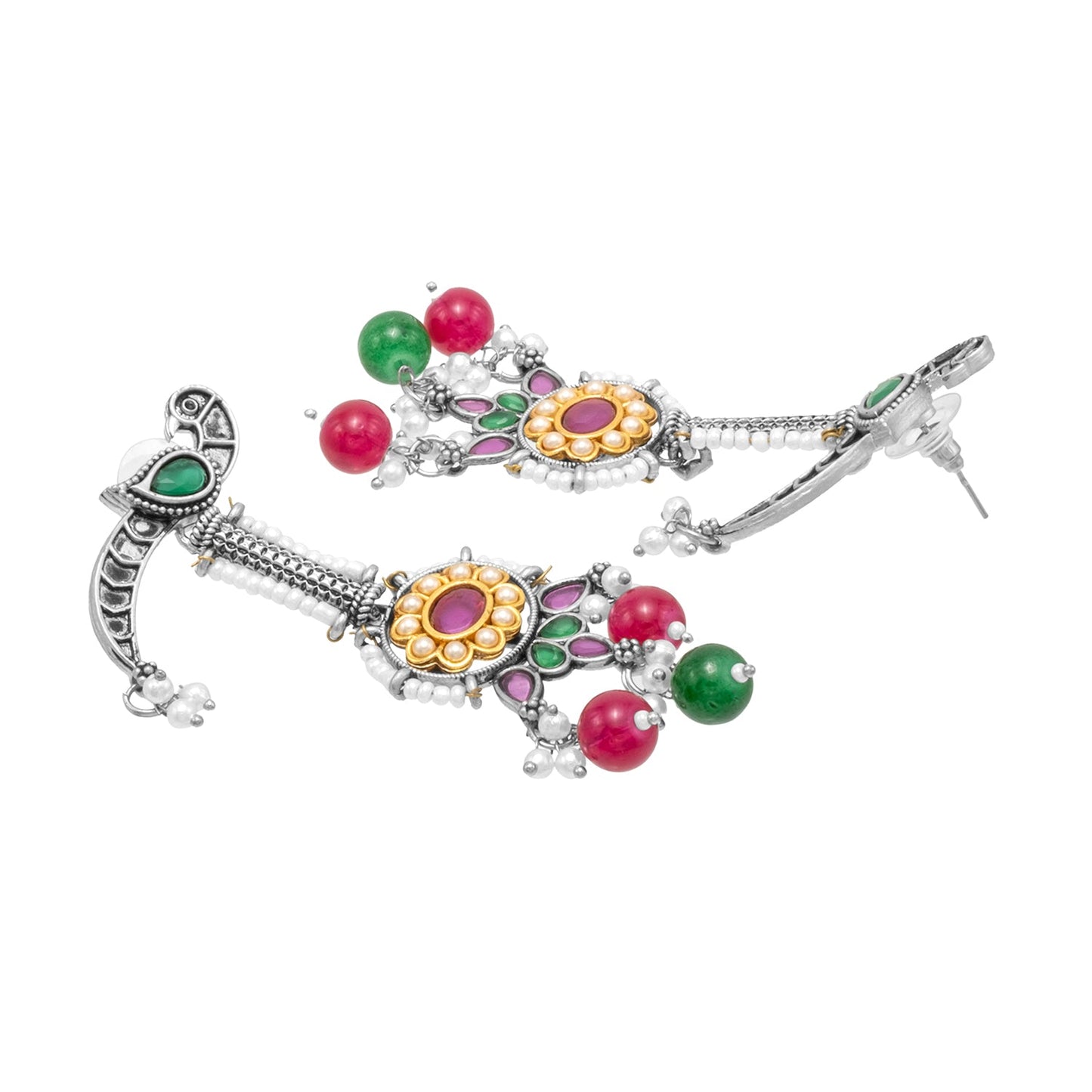 Antique Silver Plated Oxidised Oxidized CZ, Pearl Studded Bird Design Long Drop Earring for Women (SJE_275_S_RG)
