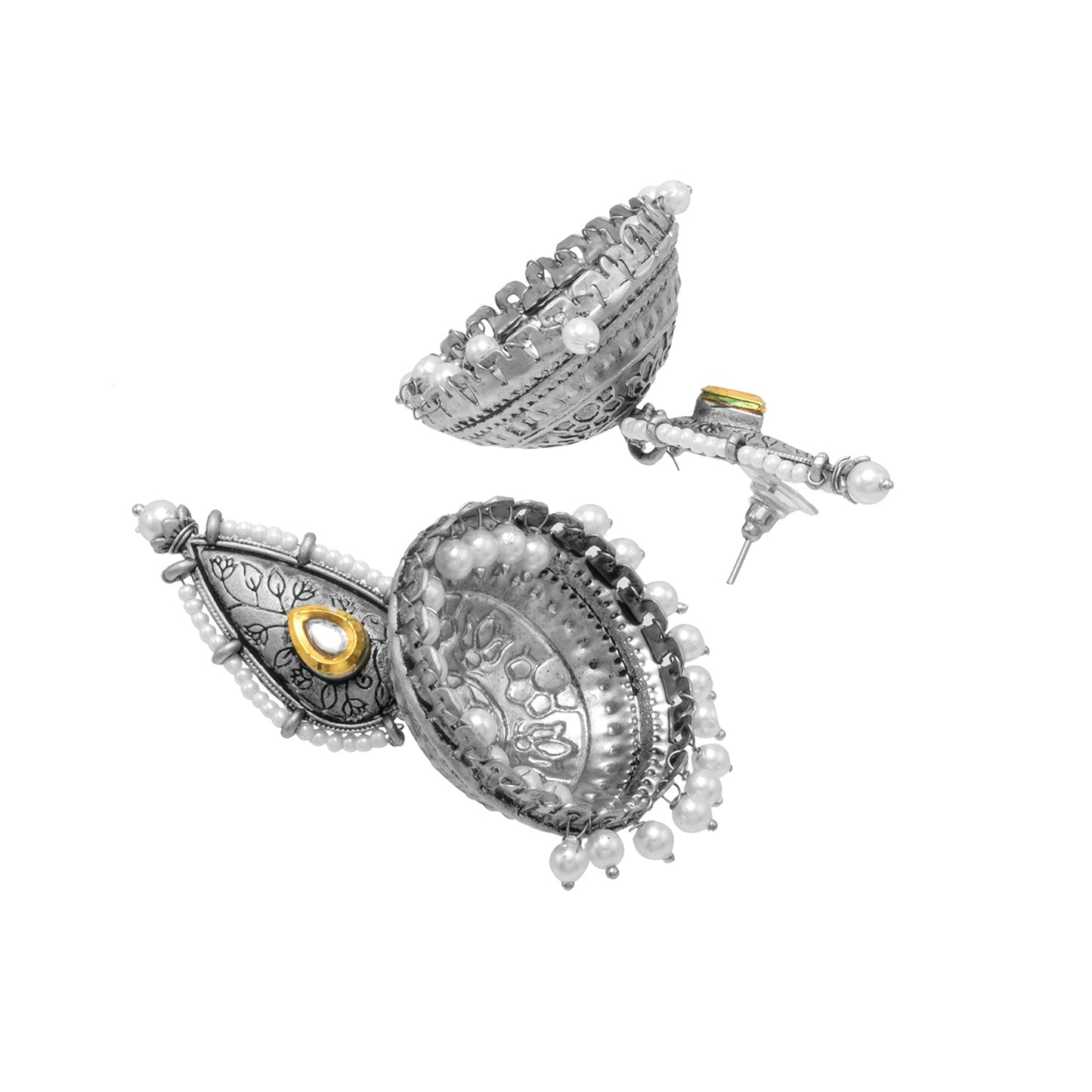 Antique Silver Plated Matte Oxidized CZ, Pearl Studded Design Oversized Light Weight Drop Jhumka Jhumki Earring for Women (SJE_277_S)