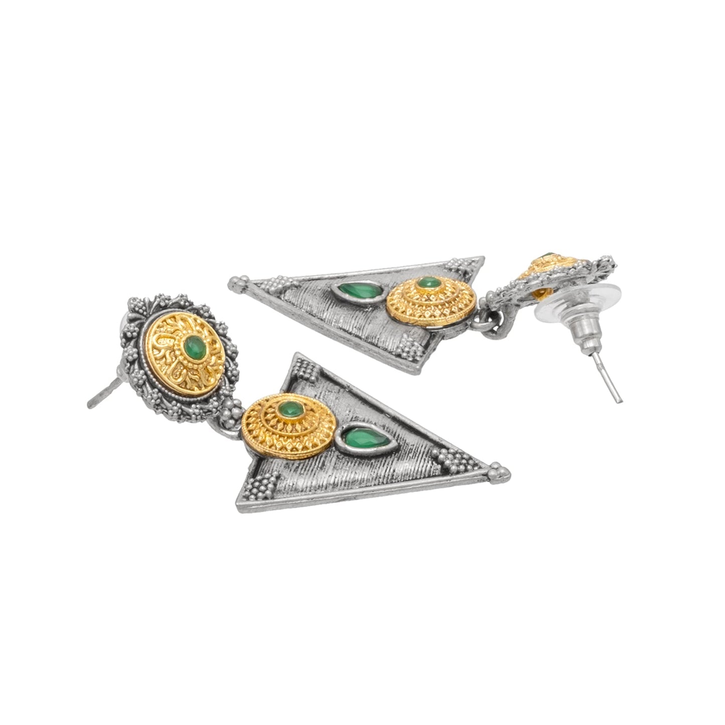 Antique Dual Two Tone Plated Traditional Floral Bird Design with Pearls Drop Long Earrings for Women (SJE_281_S_G)