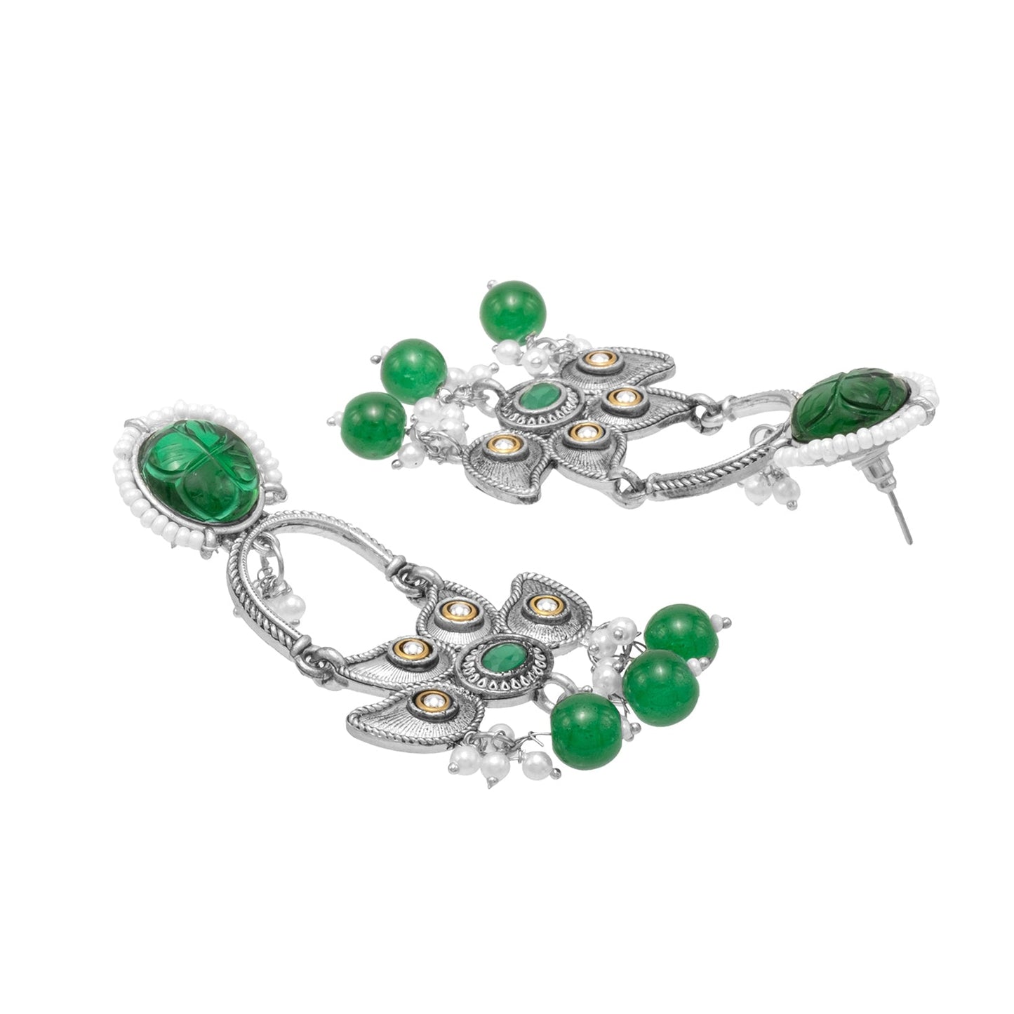 Antique Silver Plated Oxidized CZ, Pearl Studded Design Long Drop Dangler Earring for Women (SJE_284_S_G)