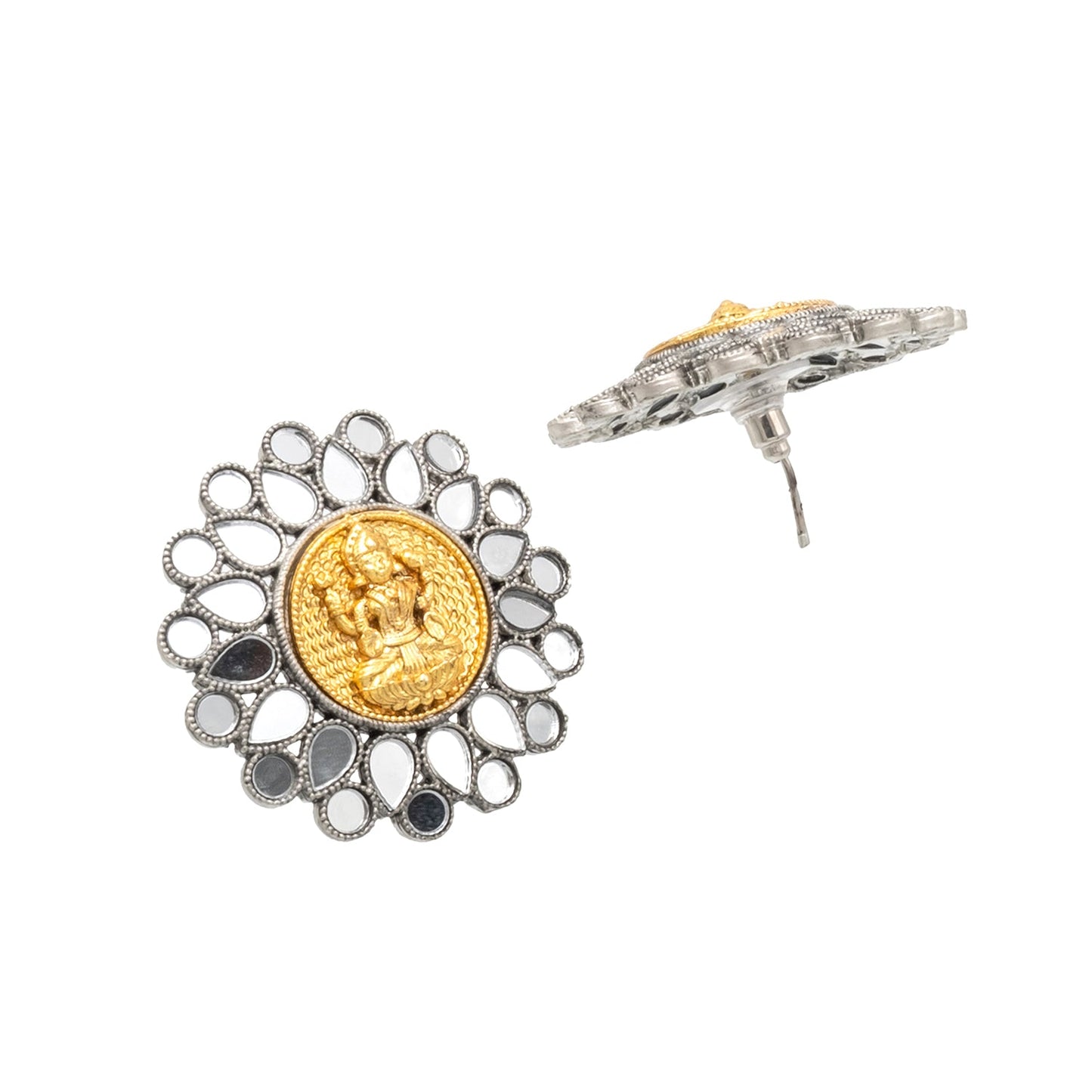 Dual Two Tone Mirror Design Flower Shape Stud Medium Sized Earring For Women (SJE_285)