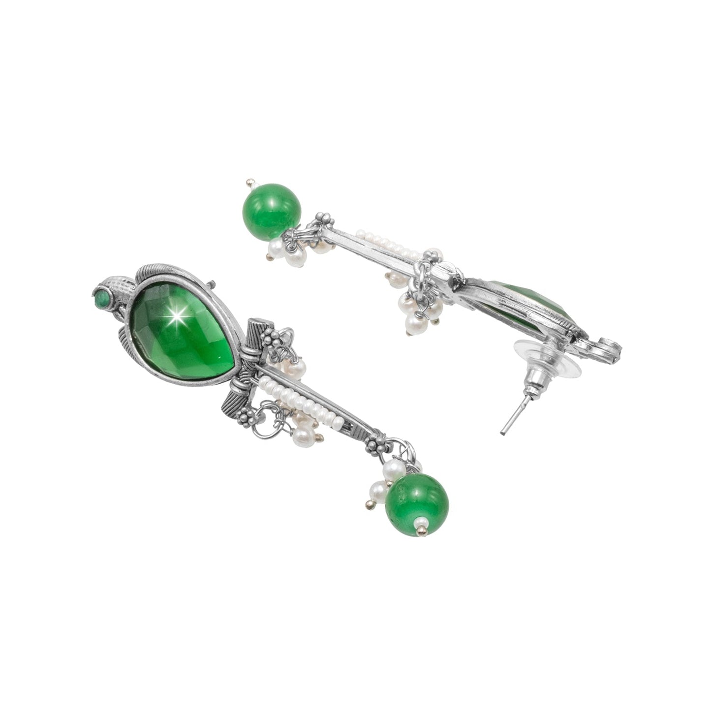 Antique Silver Plated Oxidized CZ, Maroon, Pearl Studded Bird Design Medium Drop Earring for Women (SJE_289_S_G)