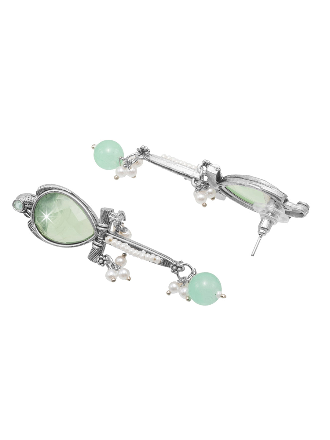 Antique Silver Plated Oxidized CZ, Maroon, Pearl Studded Bird Design Medium Drop Earring for Women (SJE_289_S_LG)