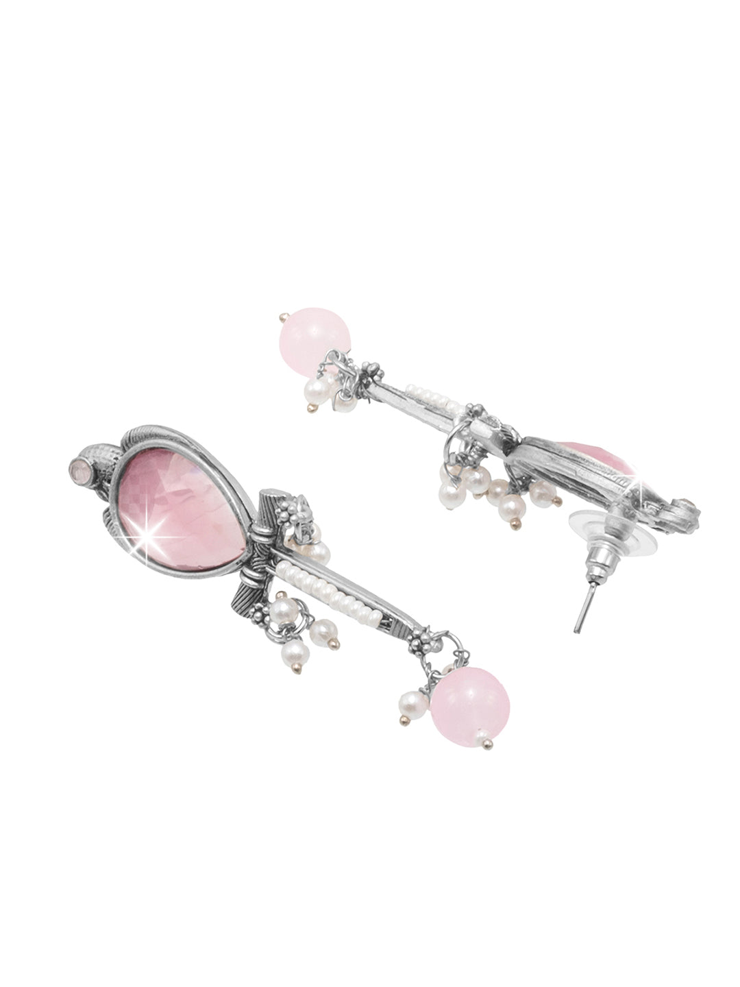 Antique Silver Plated Oxidized CZ, Maroon, Pearl Studded Bird Design Medium Drop Earring for Women (SJE_289_S_LP)
