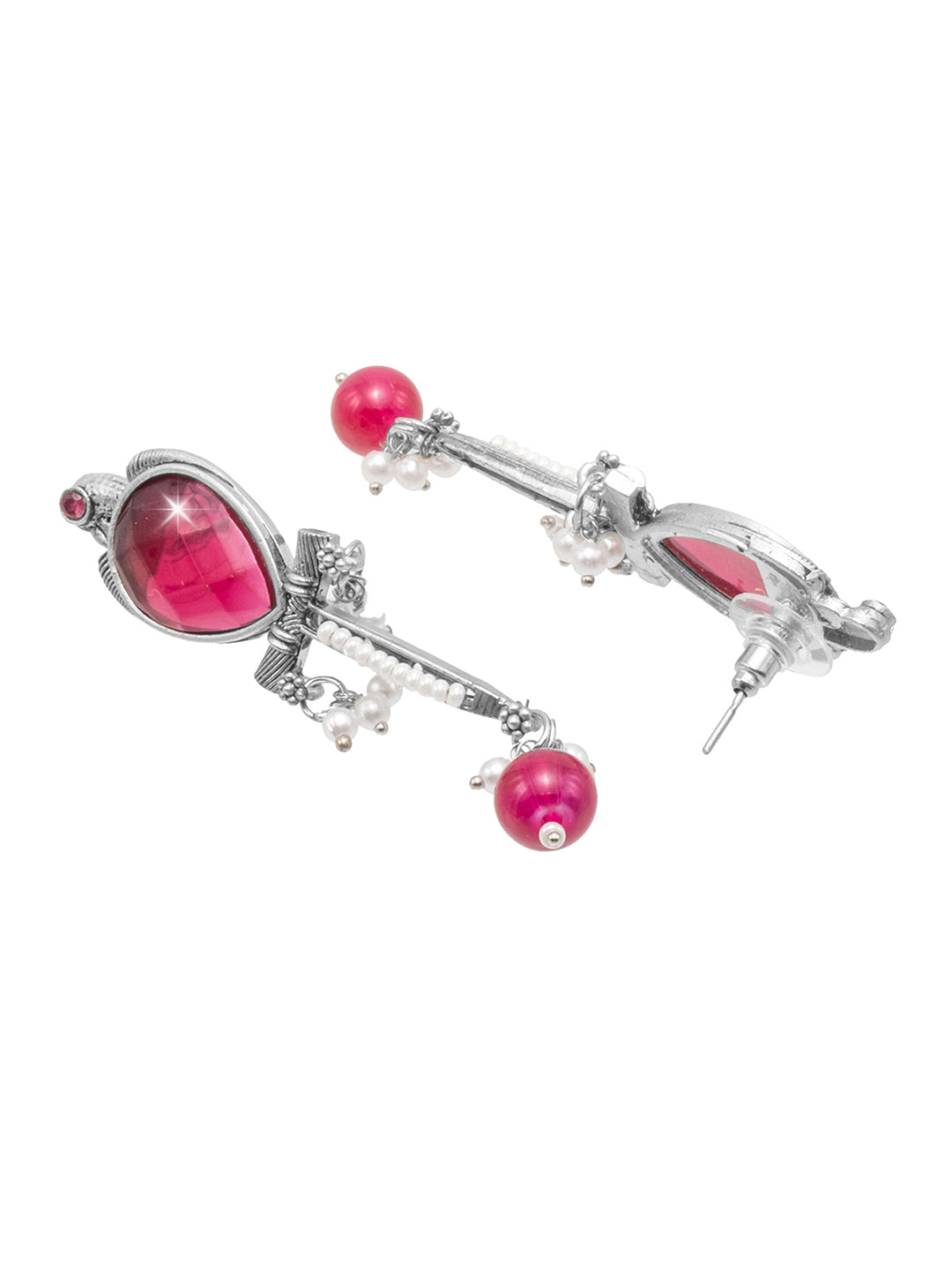 Antique Silver Plated Oxidized CZ, Maroon, Pearl Studded Bird Design Medium Drop Earring for Women (SJE_289_S_M)