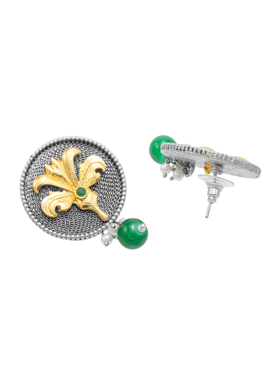 Traditional Indian Dual Tone Plated CZ, Green Pearl Hanging Medium Drop Earring For Women (SJE_290_S_G)