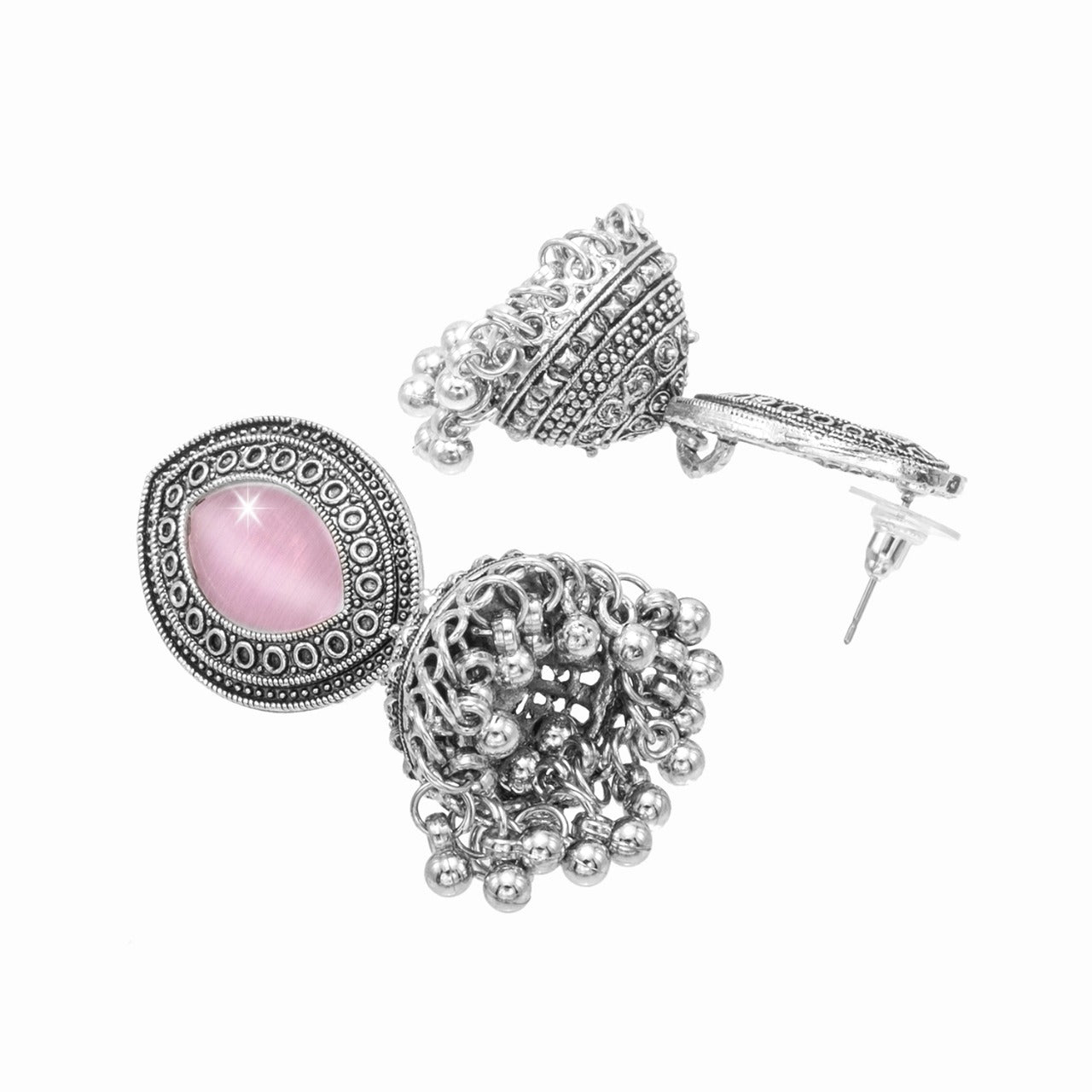 Oxidixed Antique Silver Plated CZ, Studded Medium Jhumki with Pearl Earring For Women (SJE_292_D1_LP)