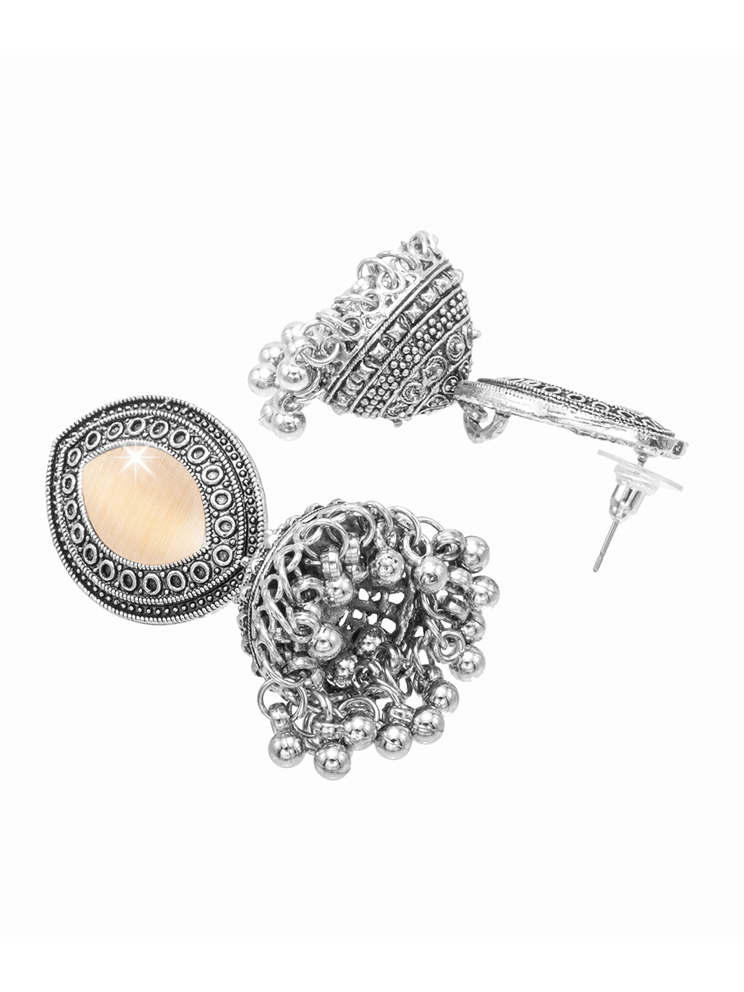 Oxidixed Antique Silver Plated CZ, Studded Medium Jhumki with Pearl Earring For Women (SJE_292_D1_PH)