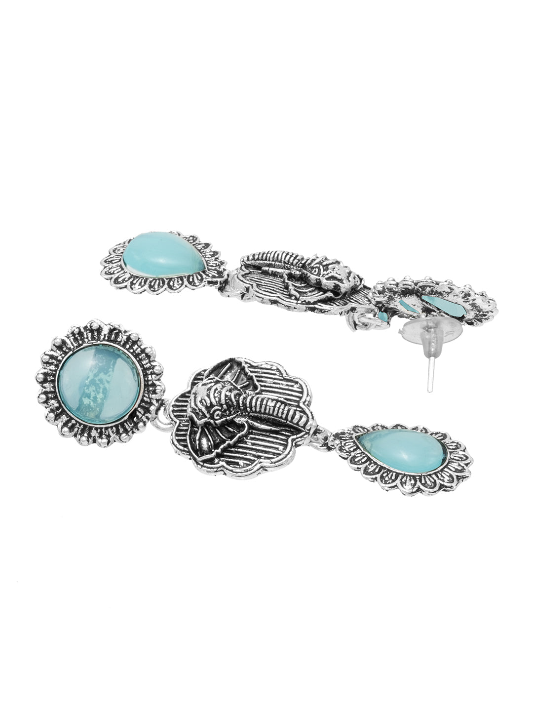 Traditional Oxidized Antique Silver Plated CZ, Elephant Design Pearl Drop Long Earring For Women (SJE_293_EL_AQ)