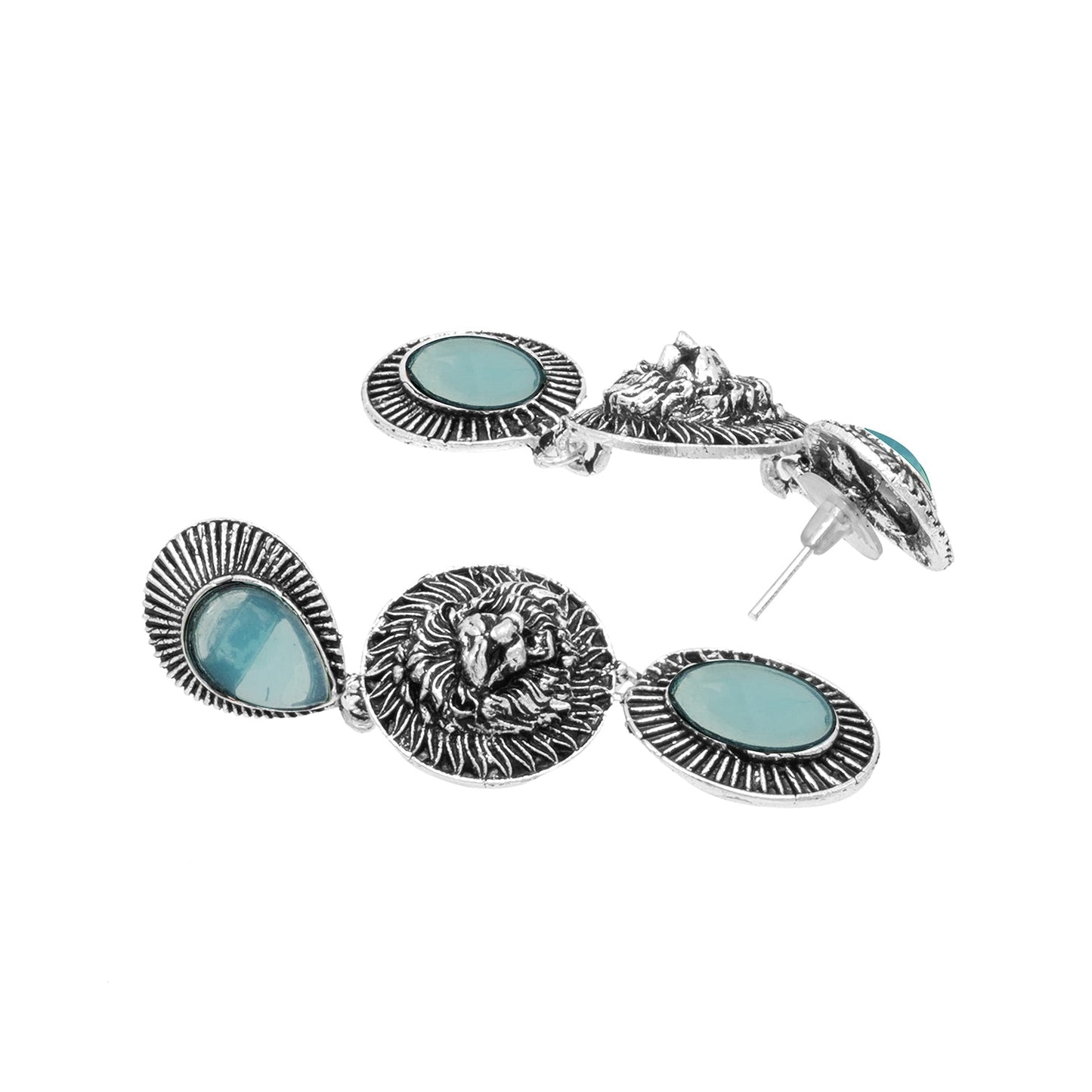 Traditional Oxidized Antique Silver Plated CZ, Lion Design Pearl Drop Long Earring For Women (SJE_293_LR_AQ)