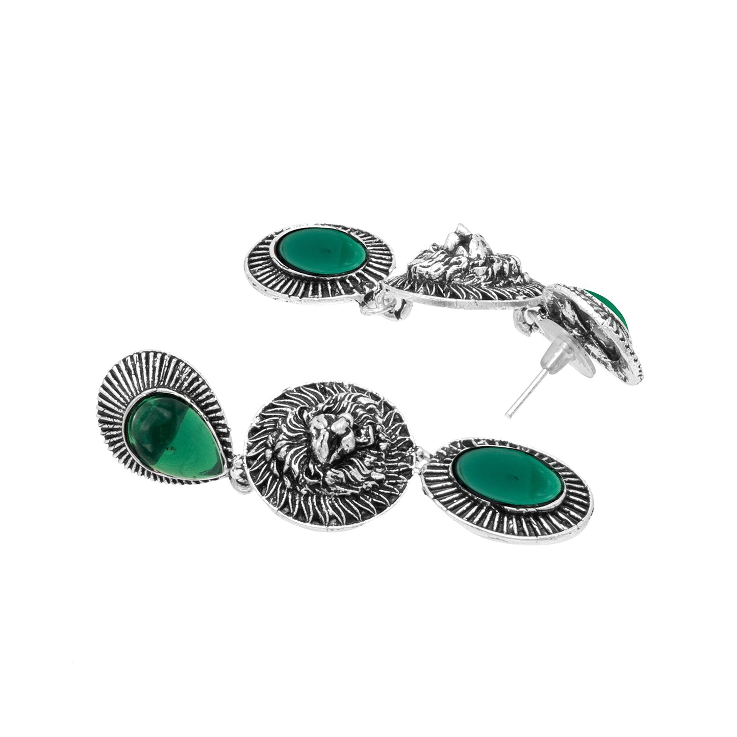 Traditional Oxidized Antique Silver Plated CZ, Lion Design Pearl Drop Long Earring For Women (SJE_293_LR_G)