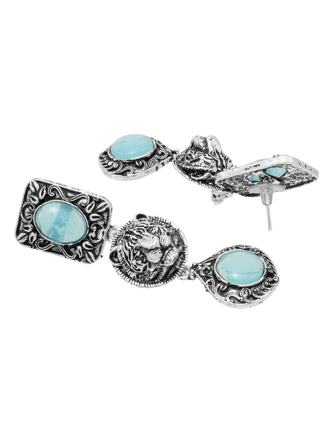 Traditional Oxidized Antique Silver Plated CZ, Tiger Design Pearl Drop Long Earring For Women (SJE_293_TR_AQ)