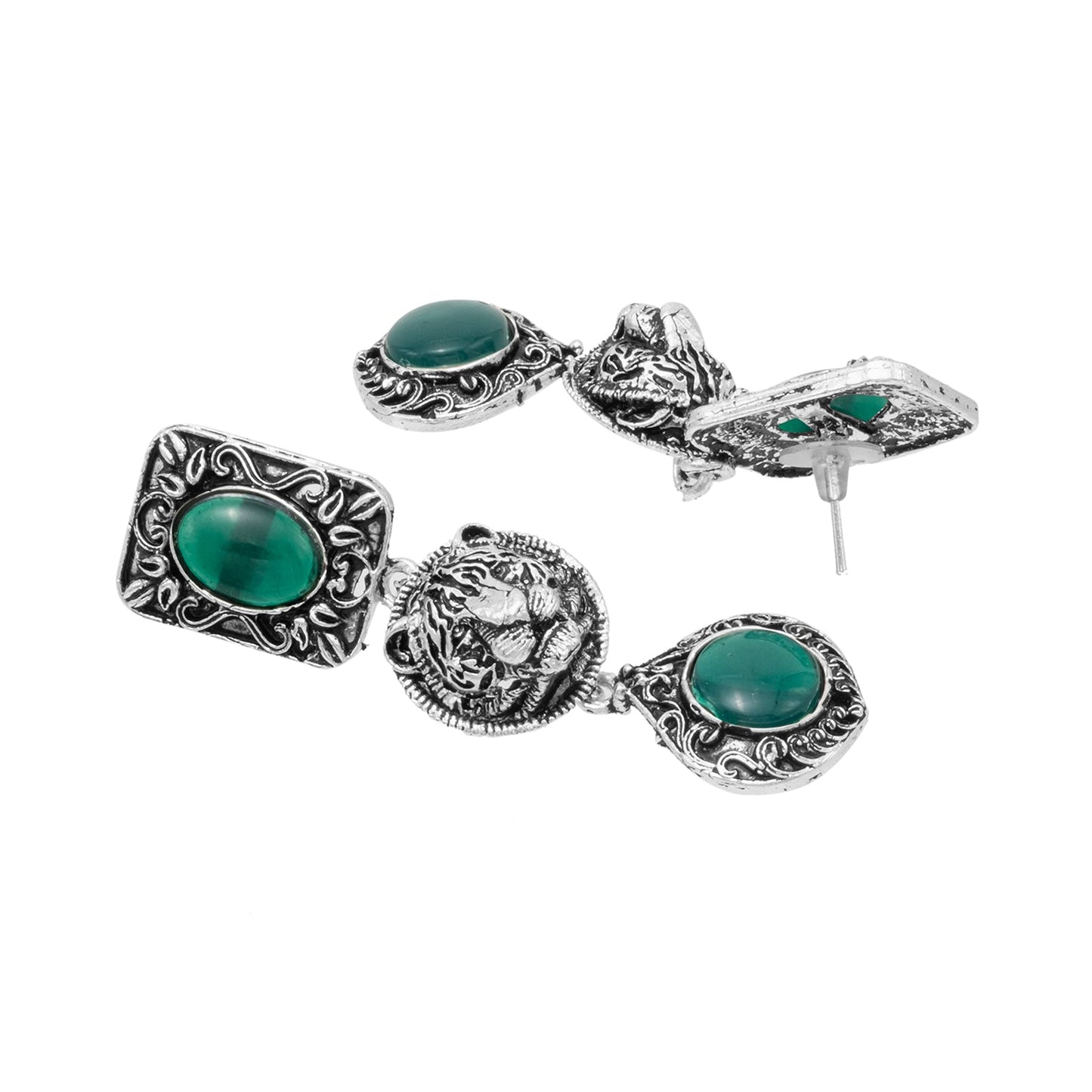 Traditional Oxidized Antique Silver Plated CZ, Tiger Design Pearl Drop Long Earring For Women (SJE_293_TR_G)