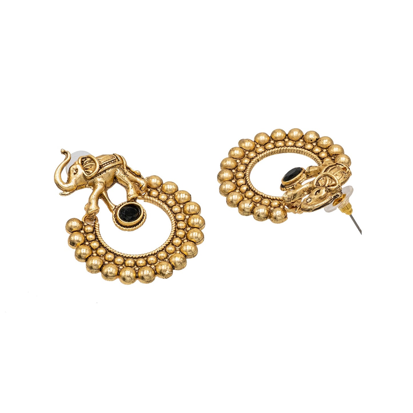Traditional Indian Gold Plated Oxidized CZ, Pearl & Elephant Design Stud Earring For Women (SJE_295_G)