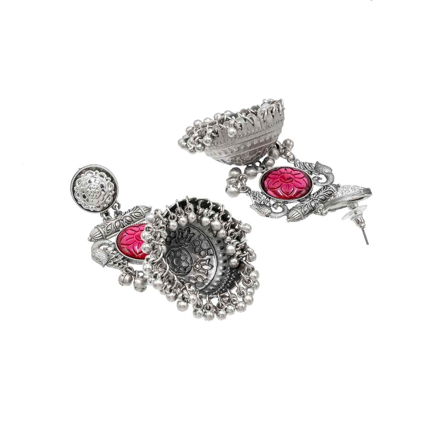 Traditional Indian Antique Oxidised Oxidized Silver CZ, Studded Drop Dangle Pearl Oversized Jhumka Jhumki Earrings for women (SJE_297_S_M)