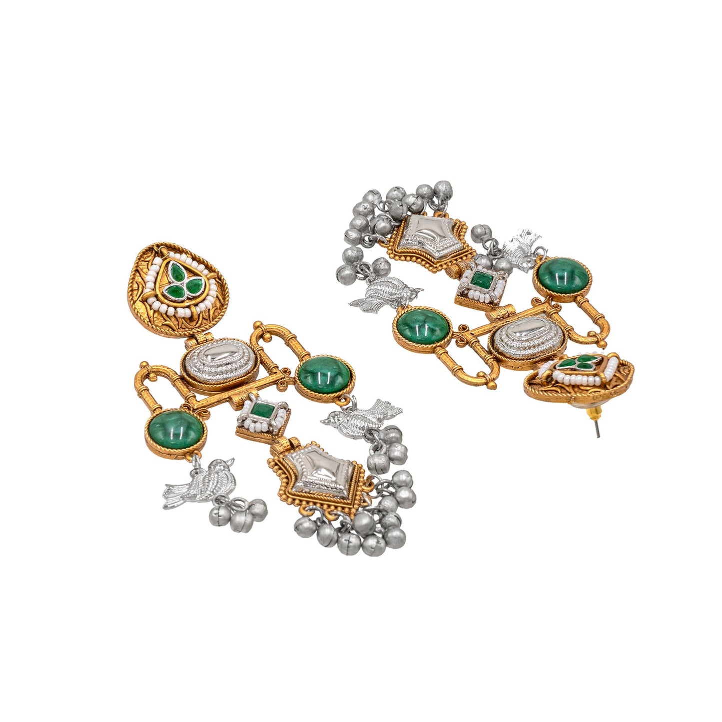 Traditional Indian Matte Dual Tone Plated CZ, Pearl & Bird Studded Drop Oversized Dagnle Earring For Women (SJE_299_G_G)