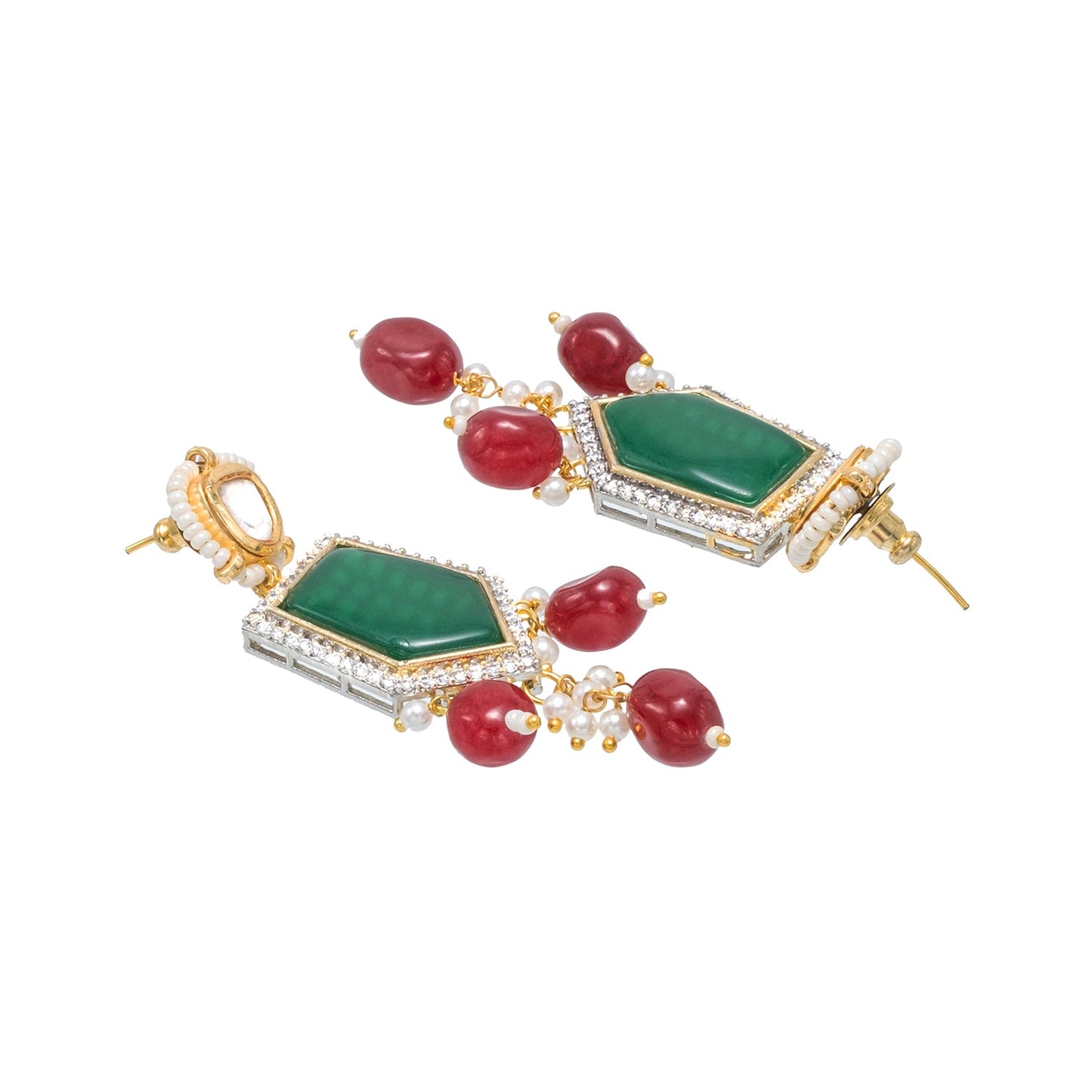 Traditional Indian Gold Plated AD, CZ, Crystal, Pearl, Medium Sized Partywear Drop Earrings for Women (SJE_305_G)