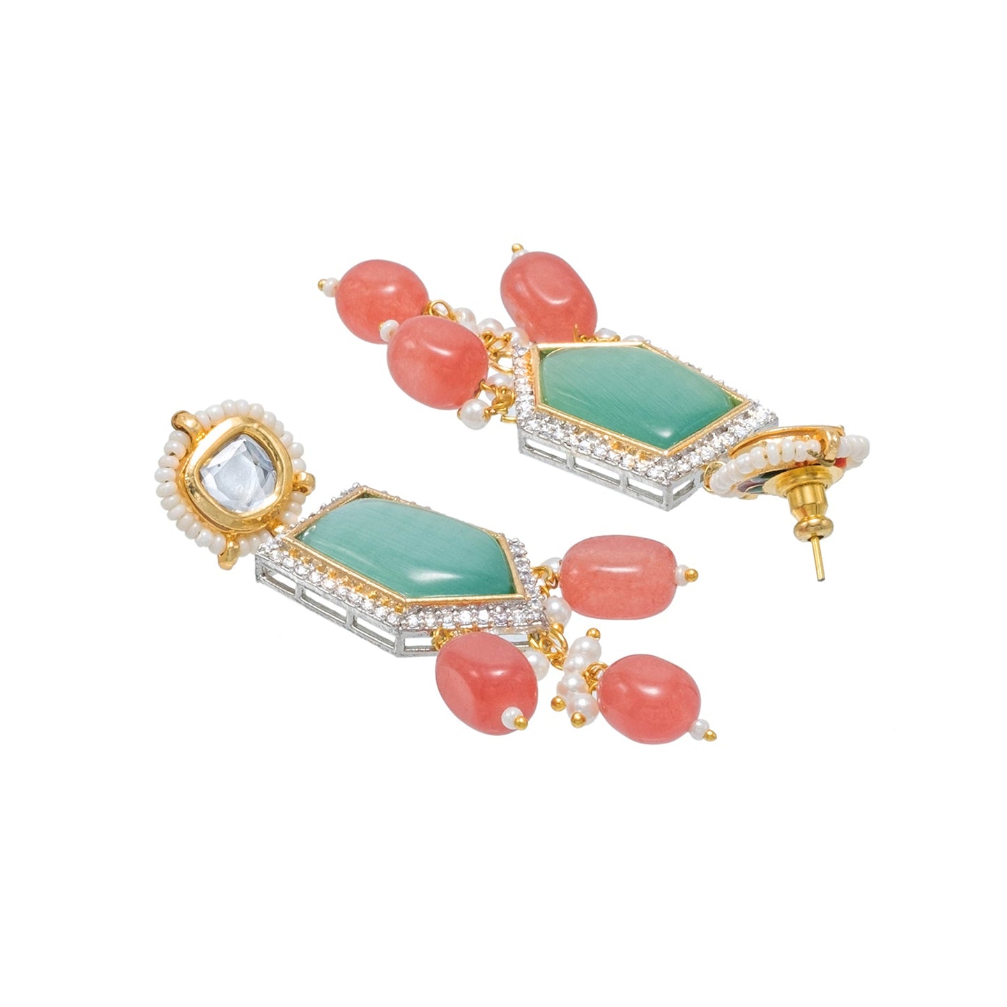 Traditional Indian Gold Plated AD, CZ, Crystal, Pearl, Medium Sized Partywear Drop Earrings for Women (SJE_305_LG)