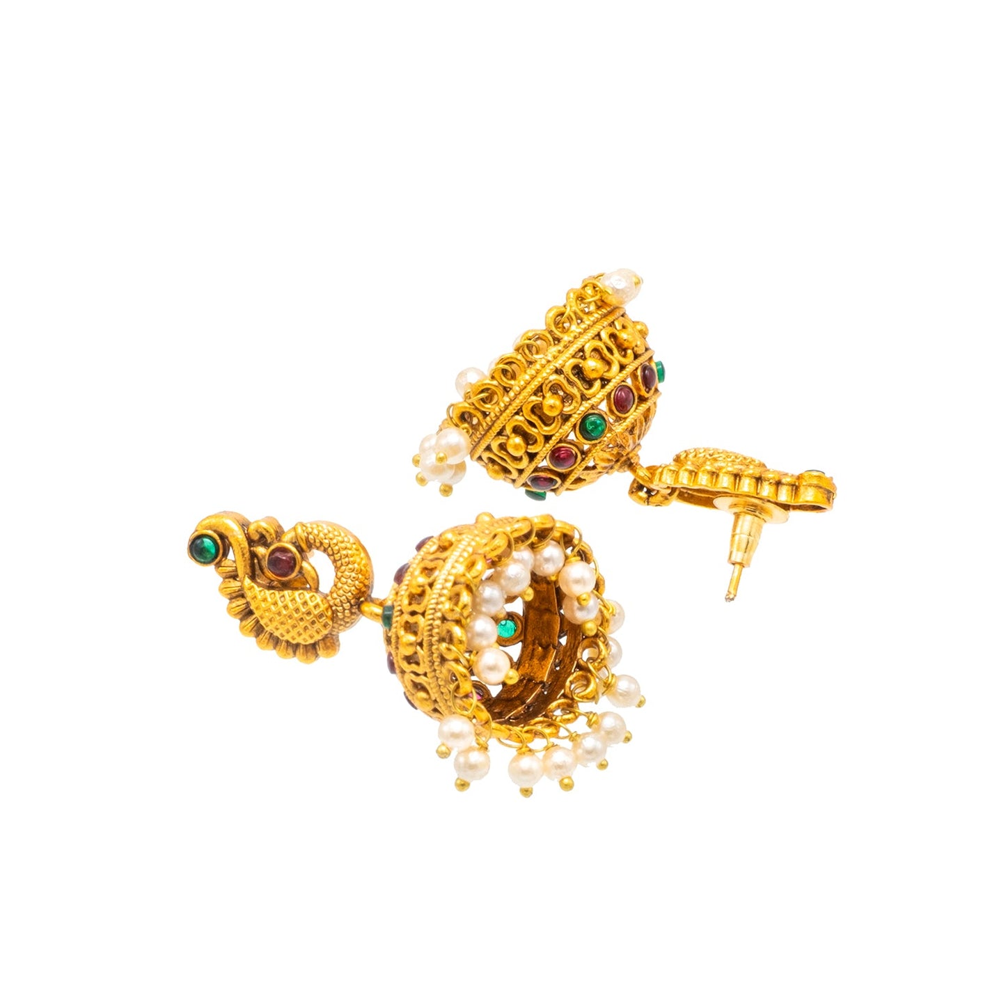 Traditional Indian Temple jewellery inspired Matte Gold-Plated Medium Sized Jhumka Earrings with Kundan & Pearl for (Brides) Women - Peacock Design (SJE.314)