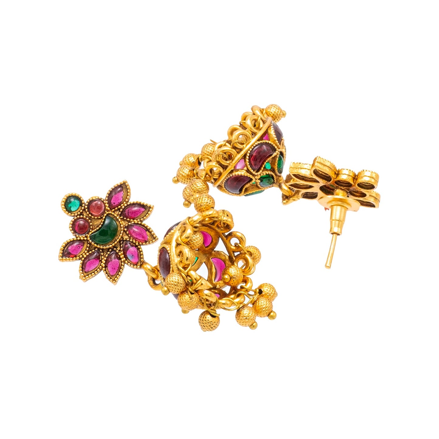 Traditional Indian Temple jewellery inspired Matte Gold-Plated Medium Size Jhumka Earrings with Kundan & Pearl for (Brides) Women (SJE.315)