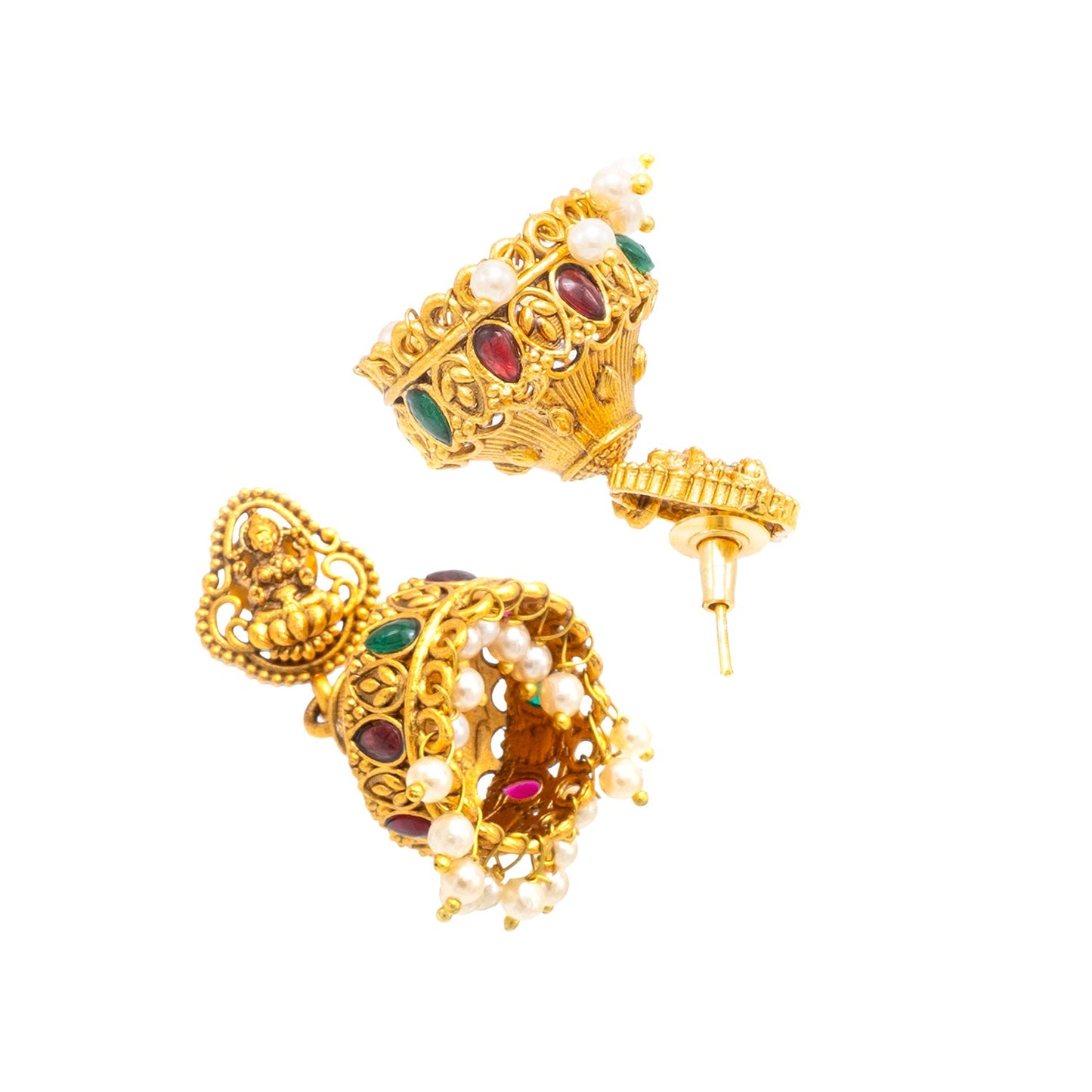 Traditional Indian Temple jewellery inspired Matte Gold-Plated Jhumka Medium Size Earrings with Kundan & Pearl for (Brides) Women - Laxmi Design (SJE.317)