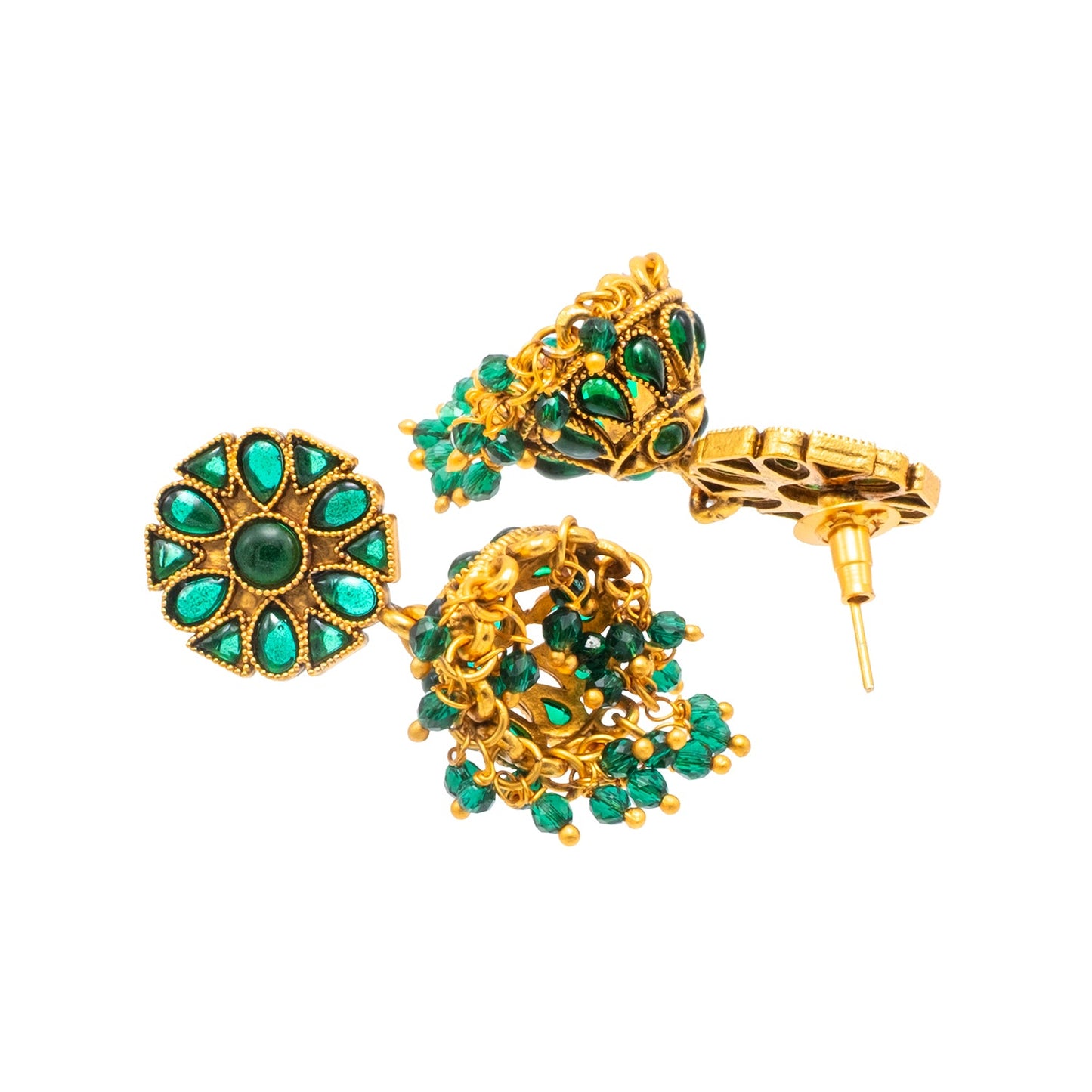 Traditional Indian Temple jewellery inspired Matte Medium size Gold-Plated Jhumka Medium Size Earrings with Kundan & Pearl for (Brides)(SJE.319_G)